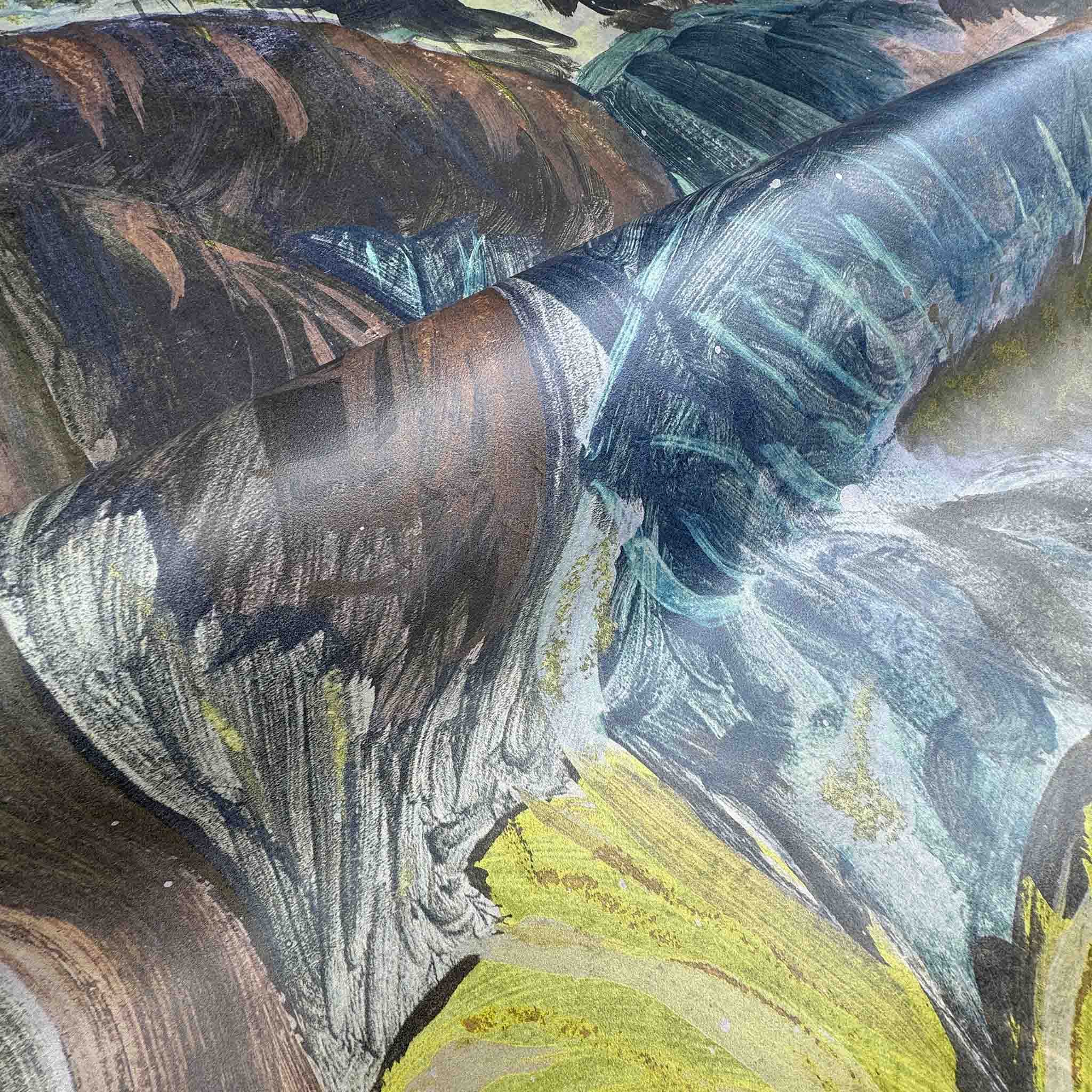 Close-up view of a panoramic wallpaper mural featuring rich copper and deep green abstract textures printed on vinyl.