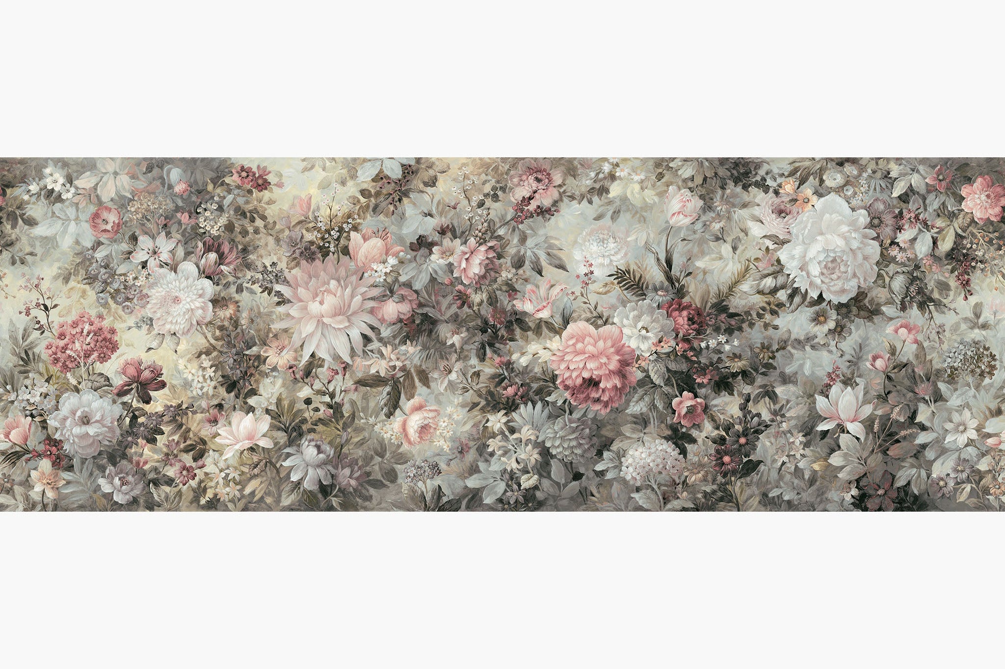 Artwork of a panoramic wallpaper mural featuring a romantic floral composition in dusty rose, soft cream, and muted taupe.