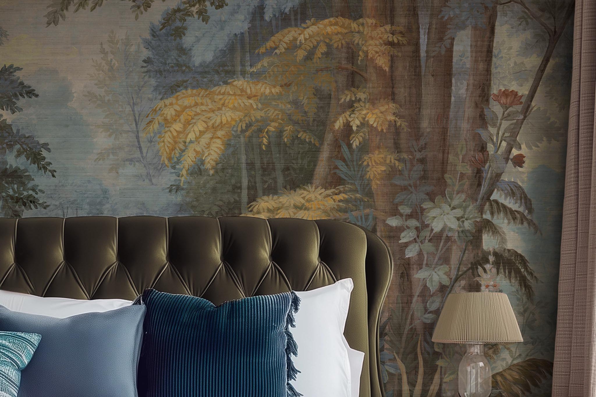 A cropped view of bedroom featuring a panoramic grasscloth wallpaper mural of an enchanted forest in blue and rust.