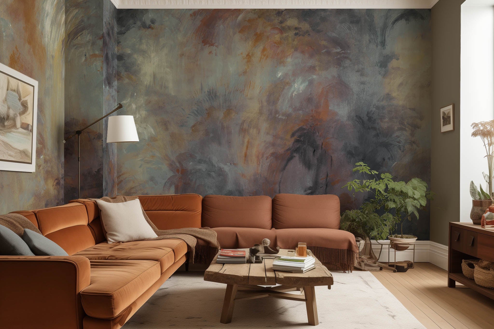 An interior living room featuring a panoramic matte wallpaper mural of an abstract haze in charcoal and ash.