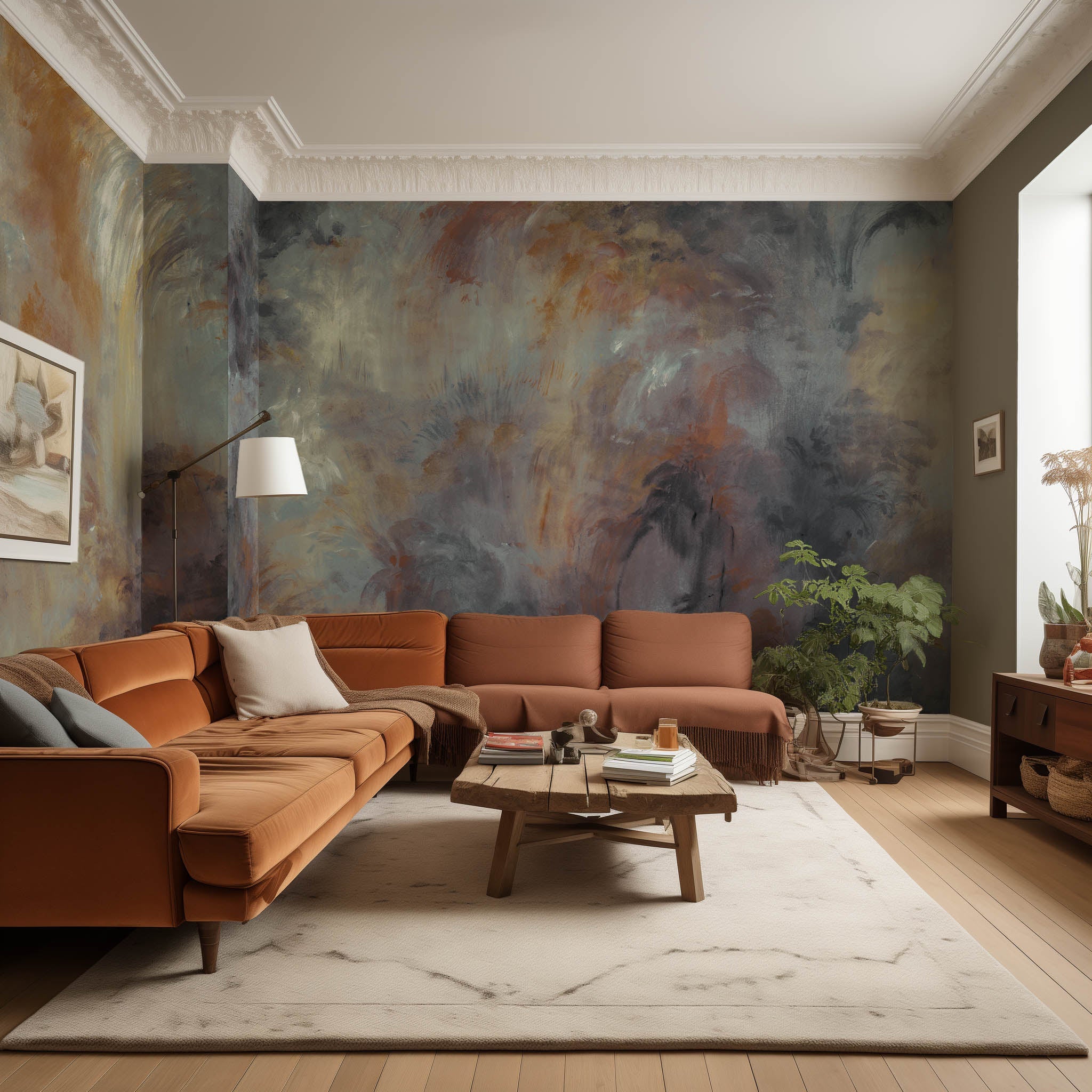 An interior living room featuring a panoramic matte wallpaper mural of an abstract haze in charcoal and ash.