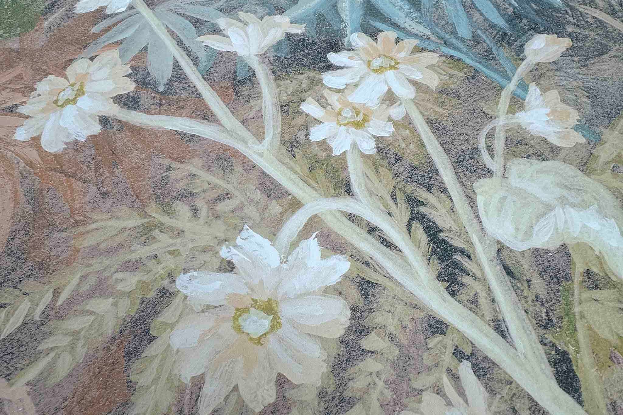 Close-up of a bespoke floral wallpaper mural featuring soft celadon greens and muted earth tones on a matte substrate.