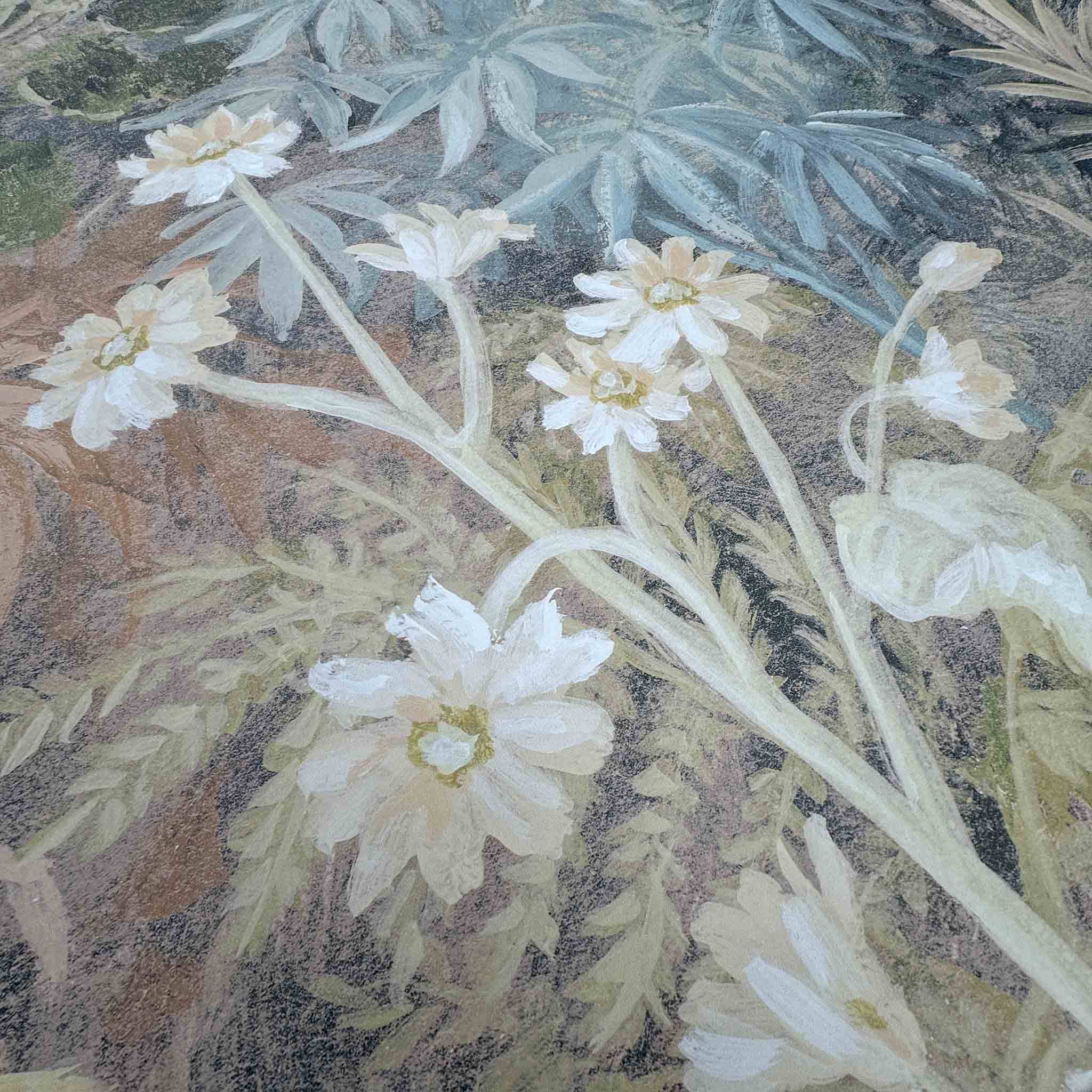 Close-up of a bespoke floral wallpaper mural featuring soft celadon greens and muted earth tones on a matte substrate.