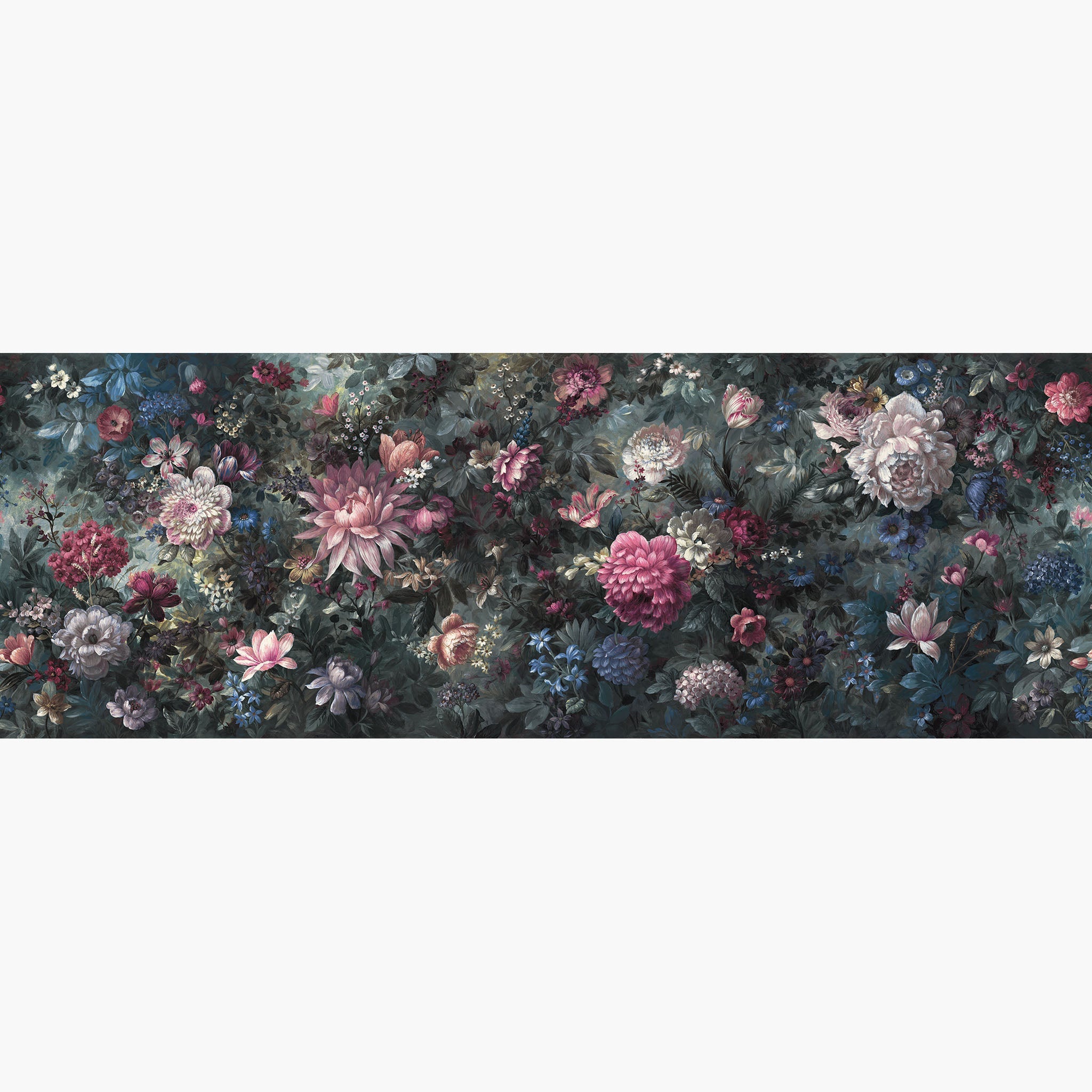 Artwork of a panoramic wallpaper mural featuring a dramatic floral bloom with rich crimson, blush, and deep blue tones.