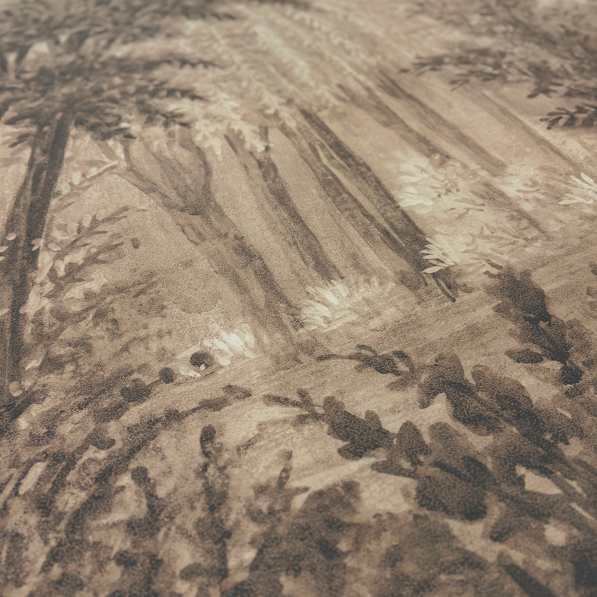 A close up view showing the detail of a matte wallpaper mural which features sepia-toned woodland