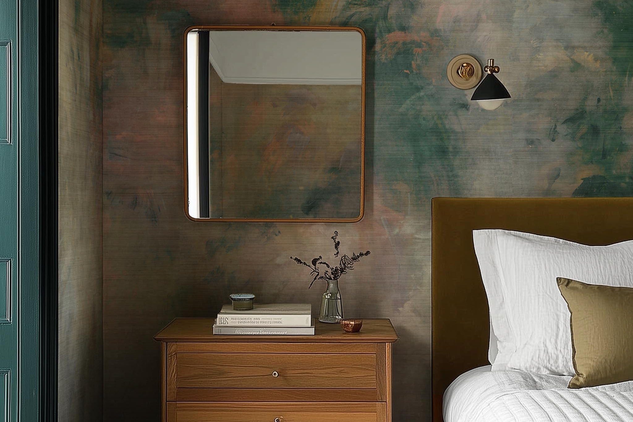 A cropped view of bedroom featuring a panoramic grasscloth wallpaper mural of an abstract haze in green and blush.