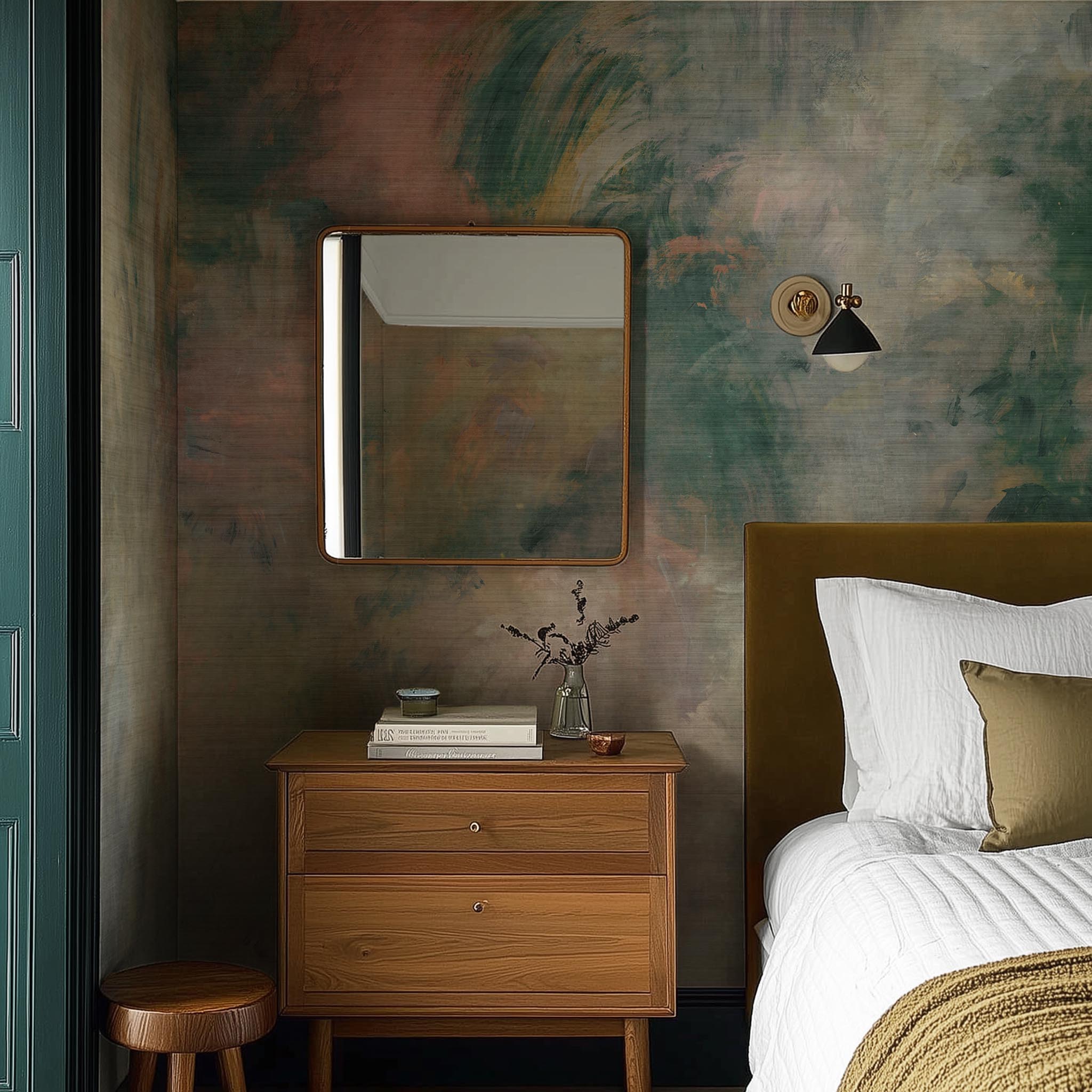 A cropped view of bedroom featuring a panoramic grasscloth wallpaper mural of an abstract haze in green and blush.