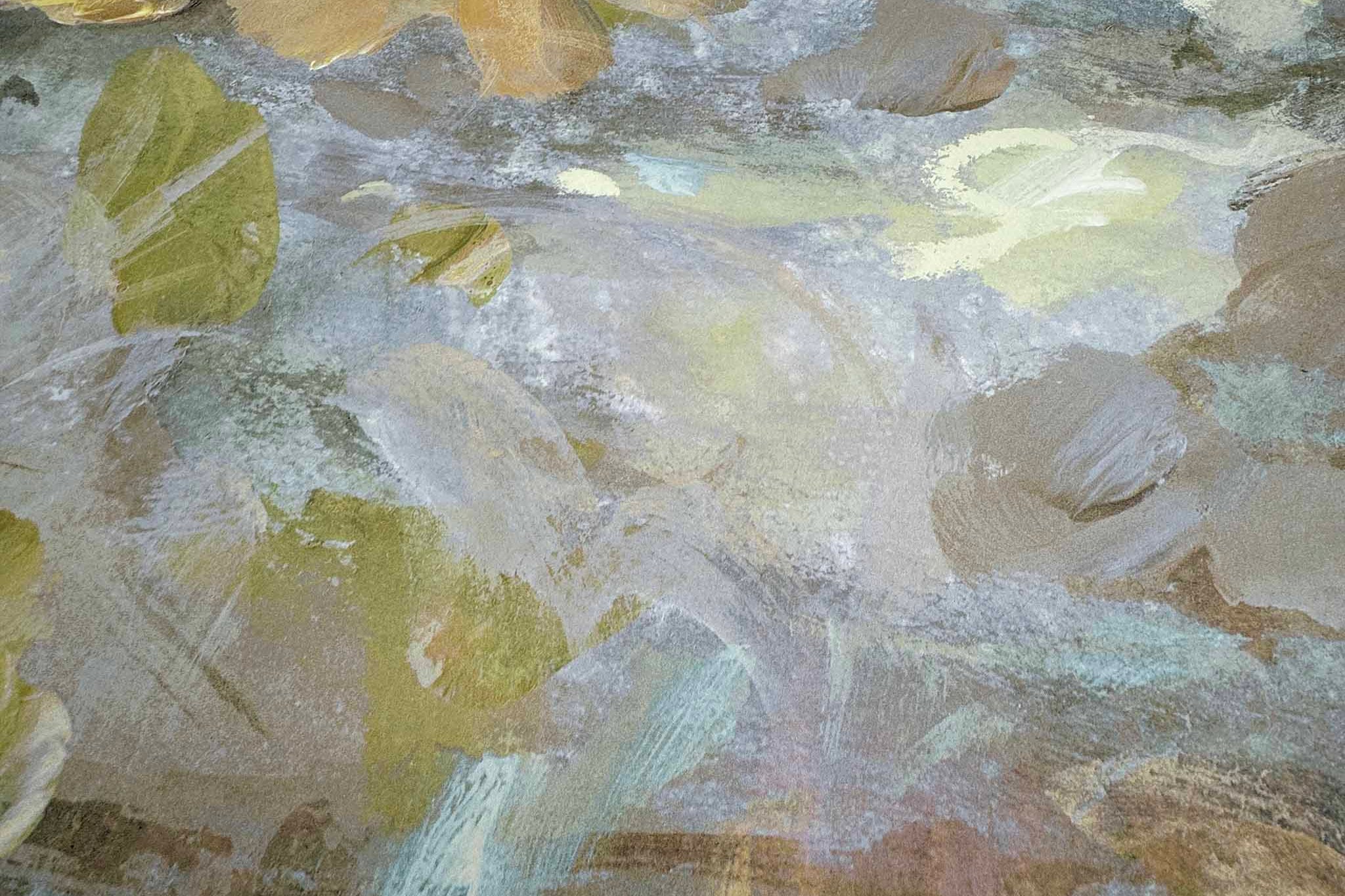 Close-up of a bespoke panoramic mural wallpaper, featuring soft opal tones, delicate golds and lavender accents.
