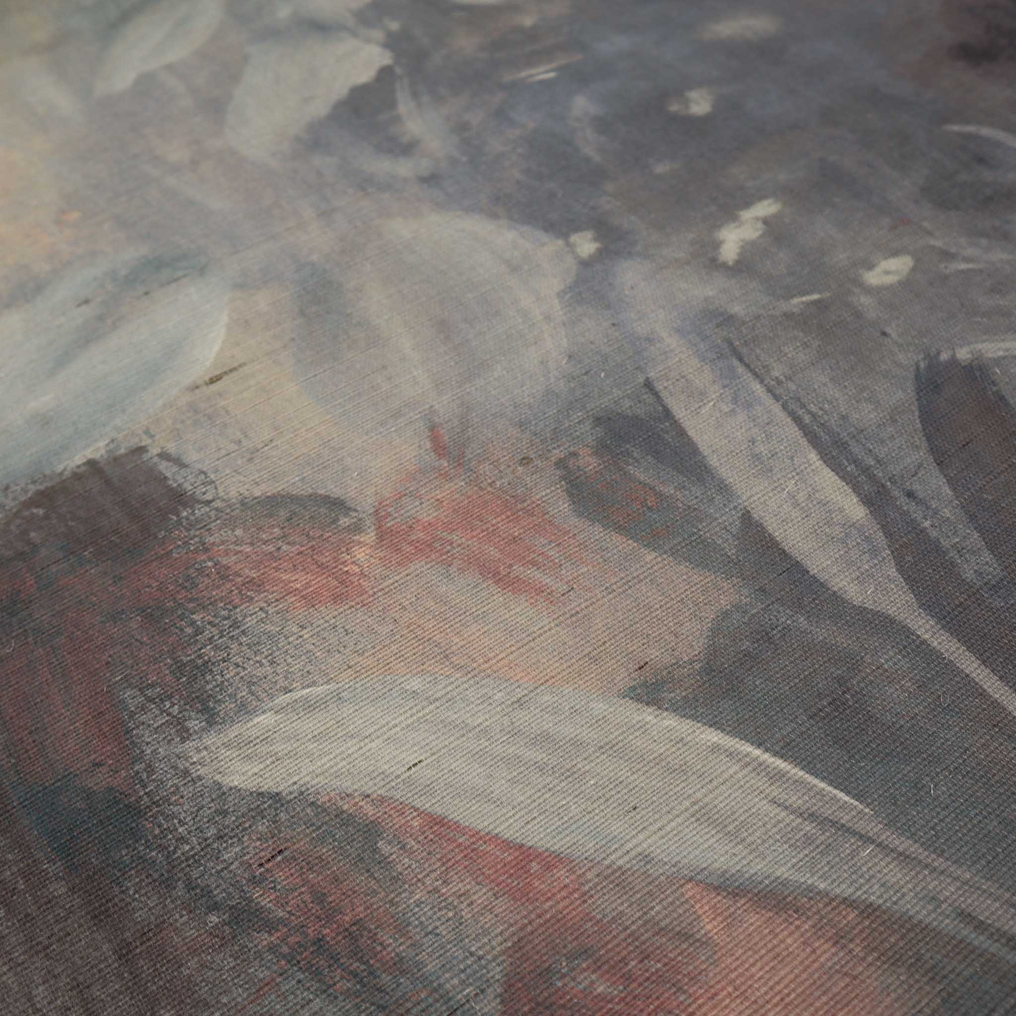 Close-up of a bespoke printed mural featuring soft greys, dusty blues, and muted earth tones on textured grasscloth.