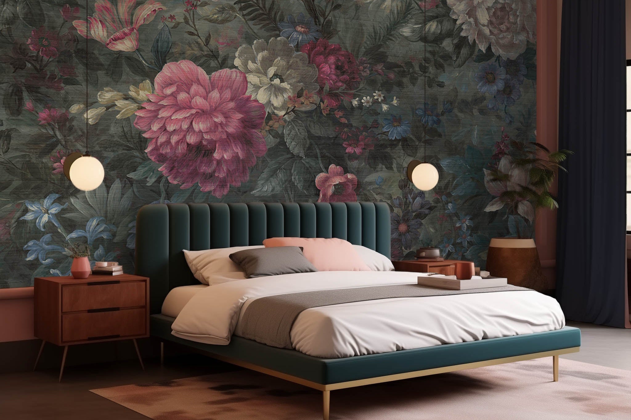 An interior bedroom featuring a panoramic grasscloth wallpaper mural of a floral bloom in crimson and blue.