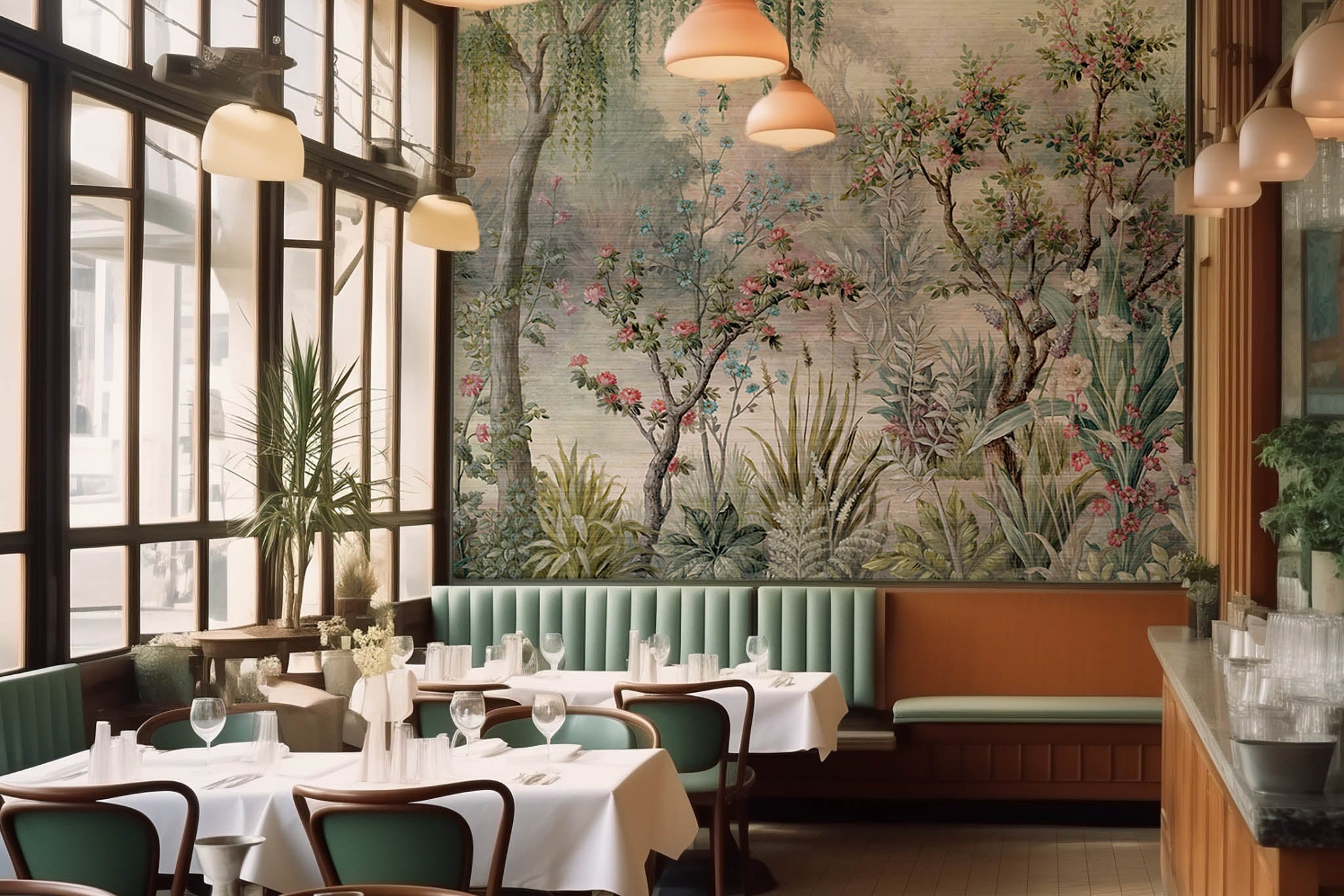 An interior restaurant featuring a panoramic grasscloth wallpaper mural of a lakeside garden scene in mint and pink.