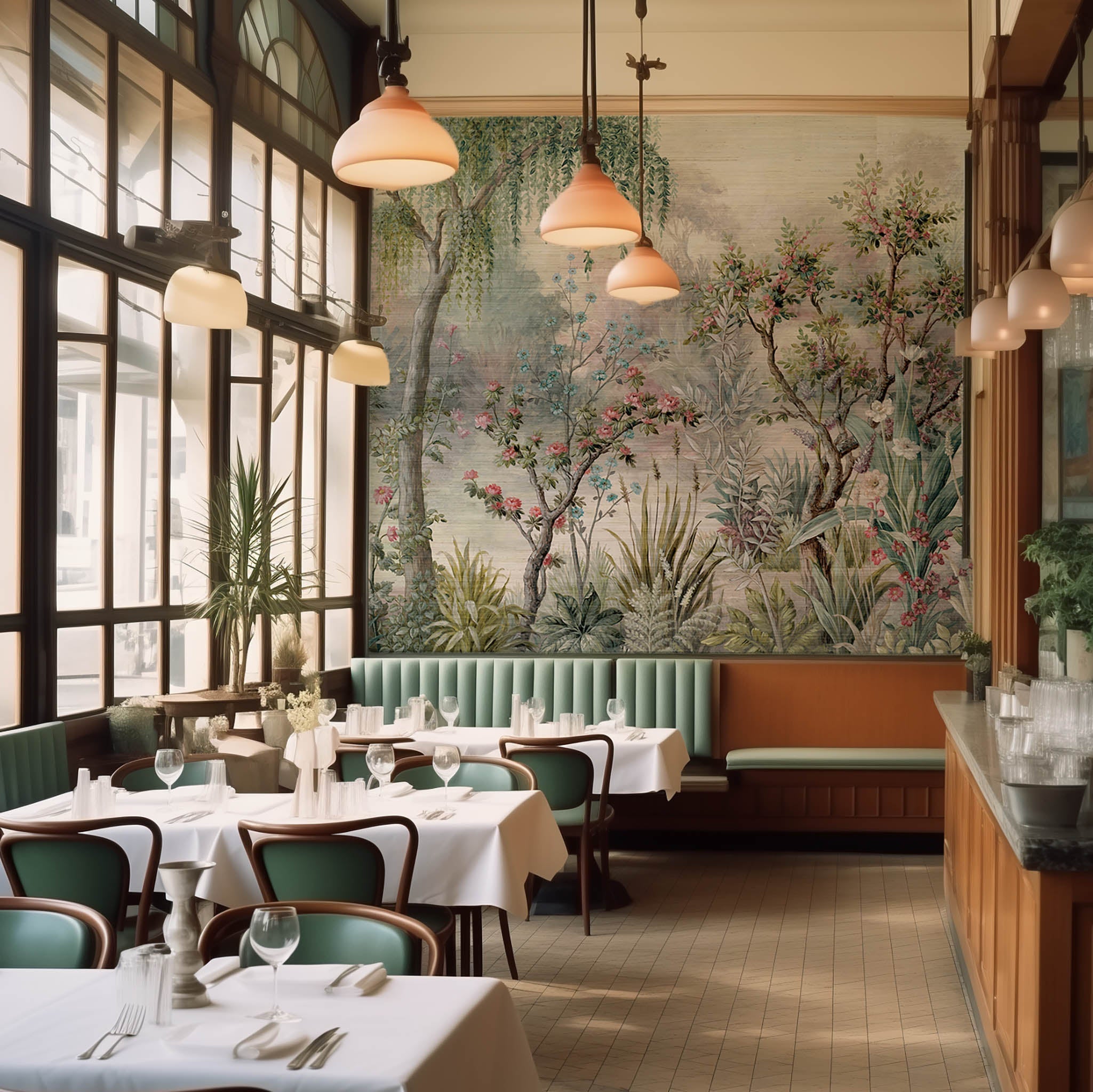 An interior restaurant featuring a panoramic grasscloth wallpaper mural of a lakeside garden scene in mint and pink.
