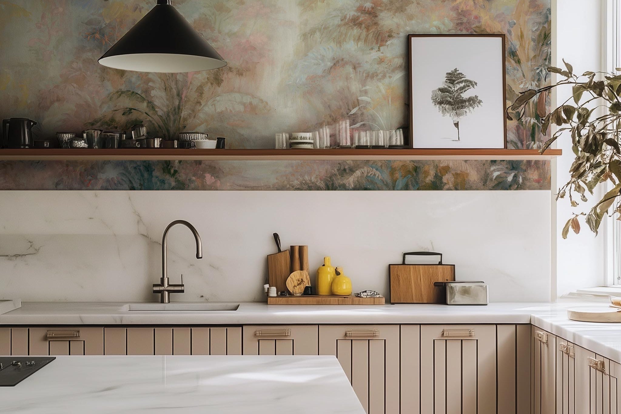 A cropped view of kitchen featuring a panoramic vinyl wallpaper mural of a rainforest in blush and sky blue.