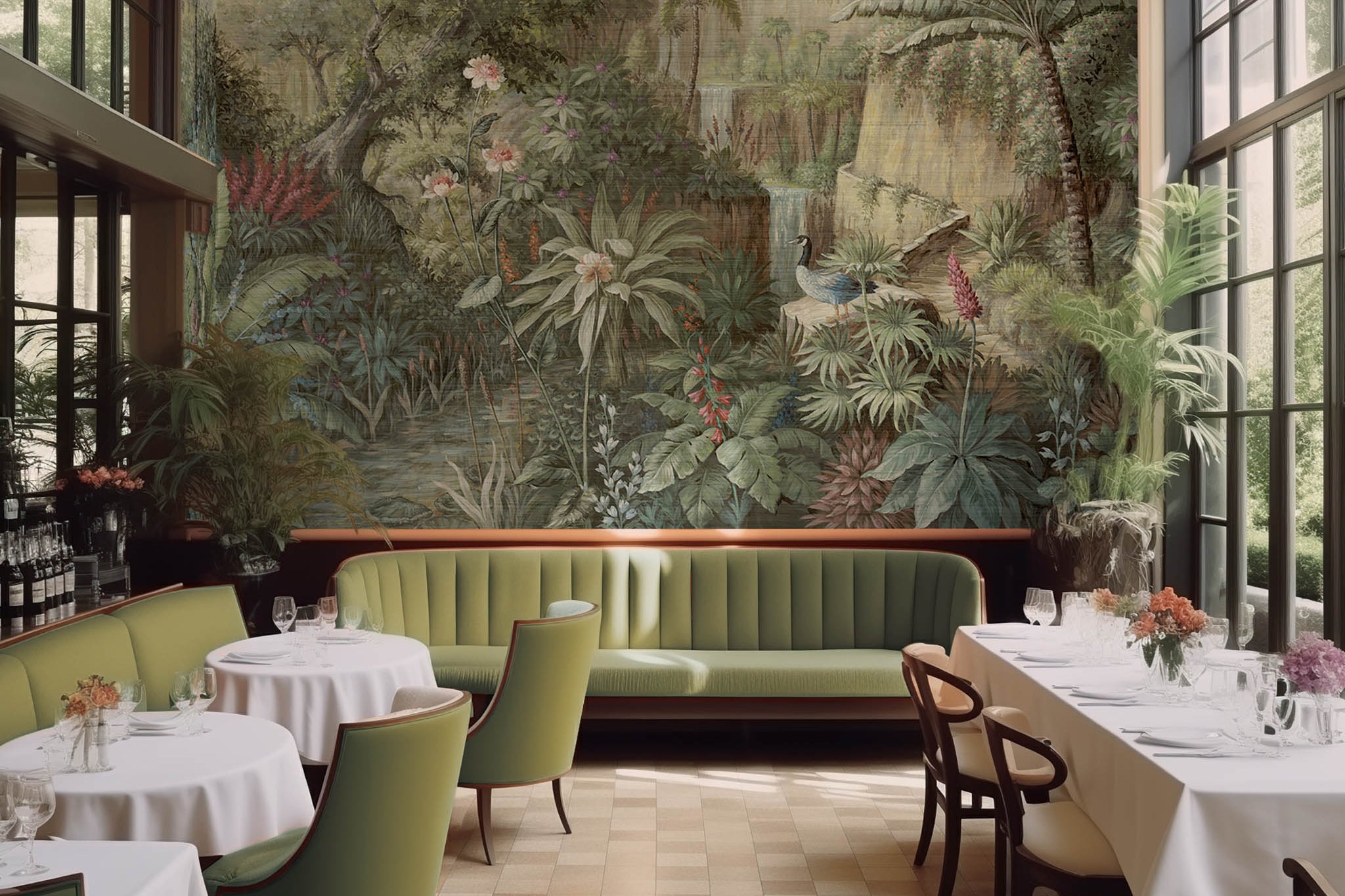 An interior restaurant featuring a panoramic grasscloth wallpaper mural of a tropical scene in green and pink.