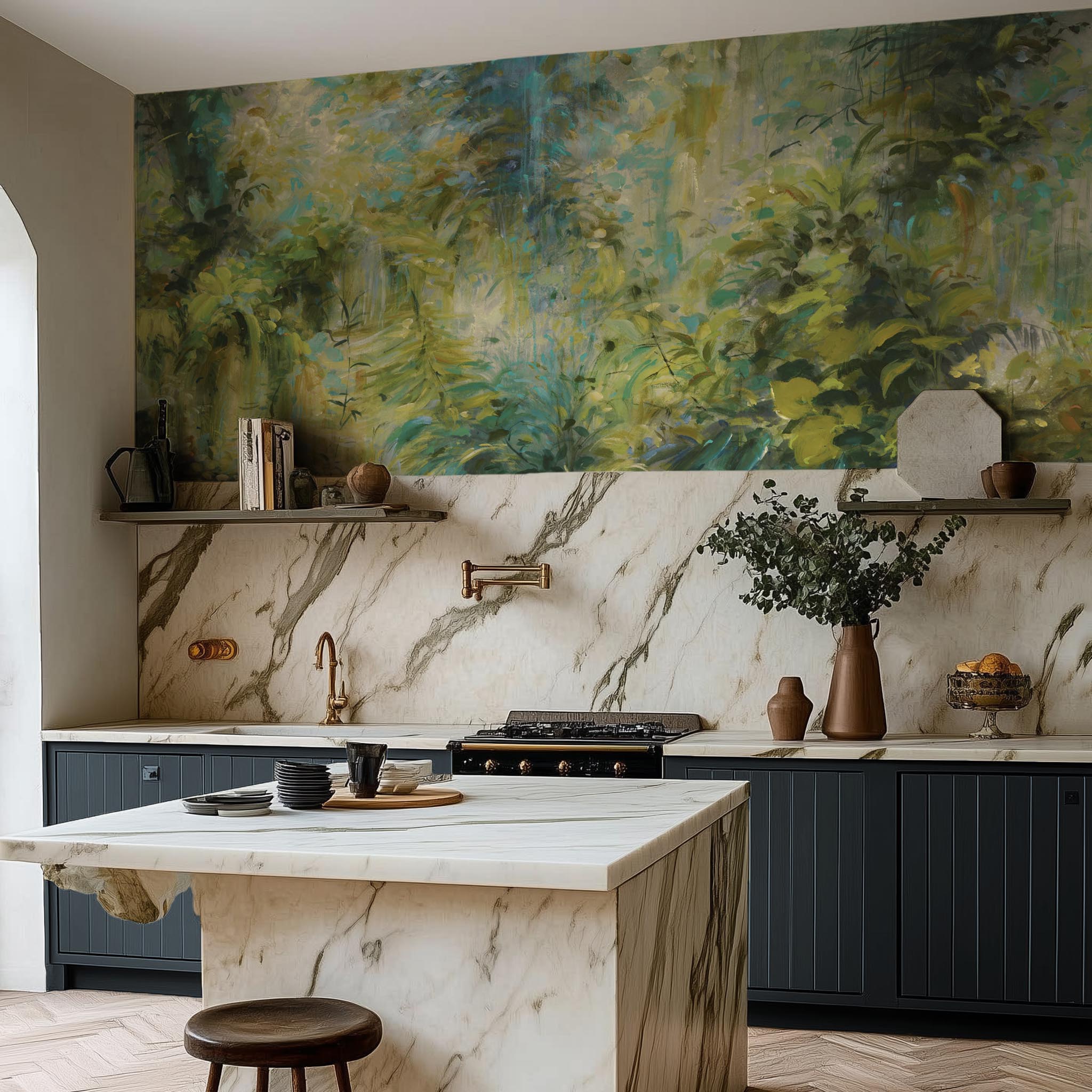 A cropped view of kitchen featuring a panoramic vinyl wallpaper mural of a jungle abstraction in emerald and ochre.