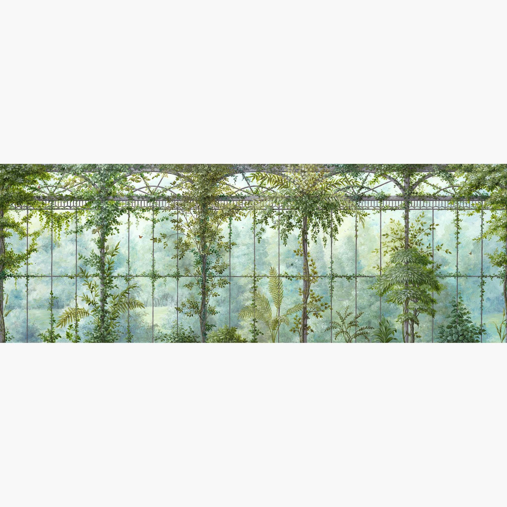 Artwork of a panoramic wallpaper mural featuring serene bergamot green mural with celadon and sage botanical washes.