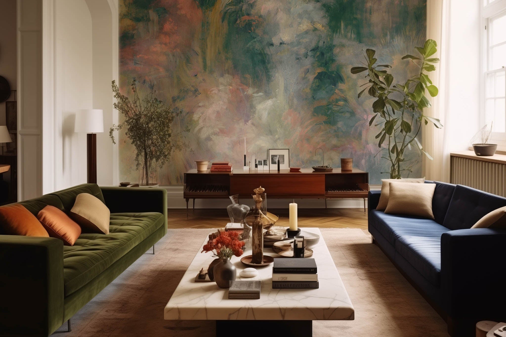 An interior living room featuring a panoramic matte wallpaper mural of an abstract haze in green and blush.