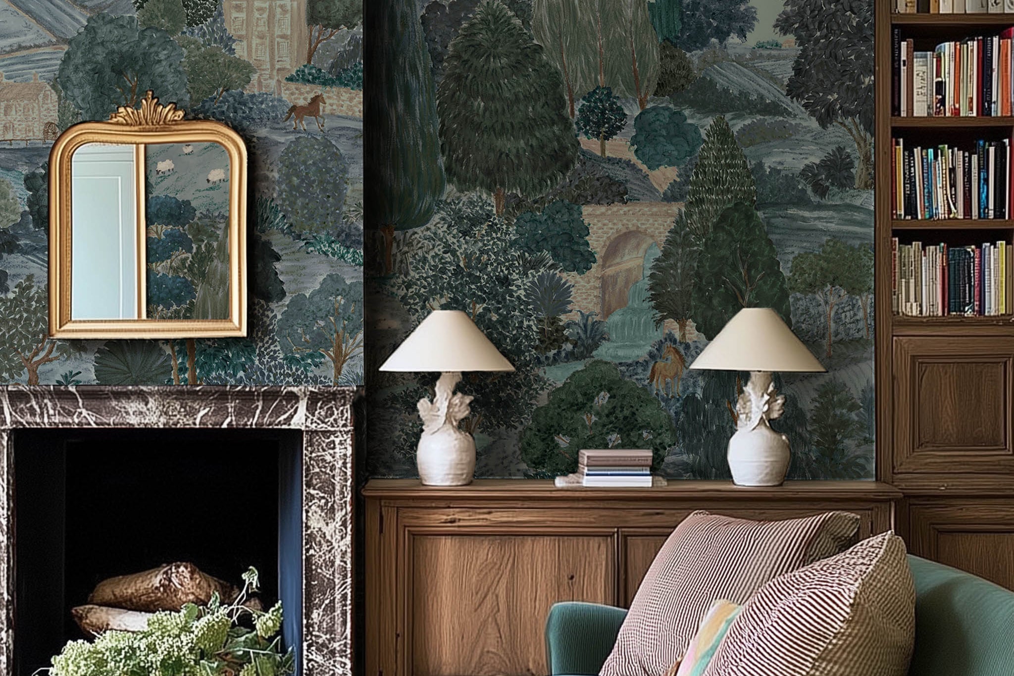 An interior living room featuring a panoramic matte wallpaper mural of teal, sea green, and slate countryside scene