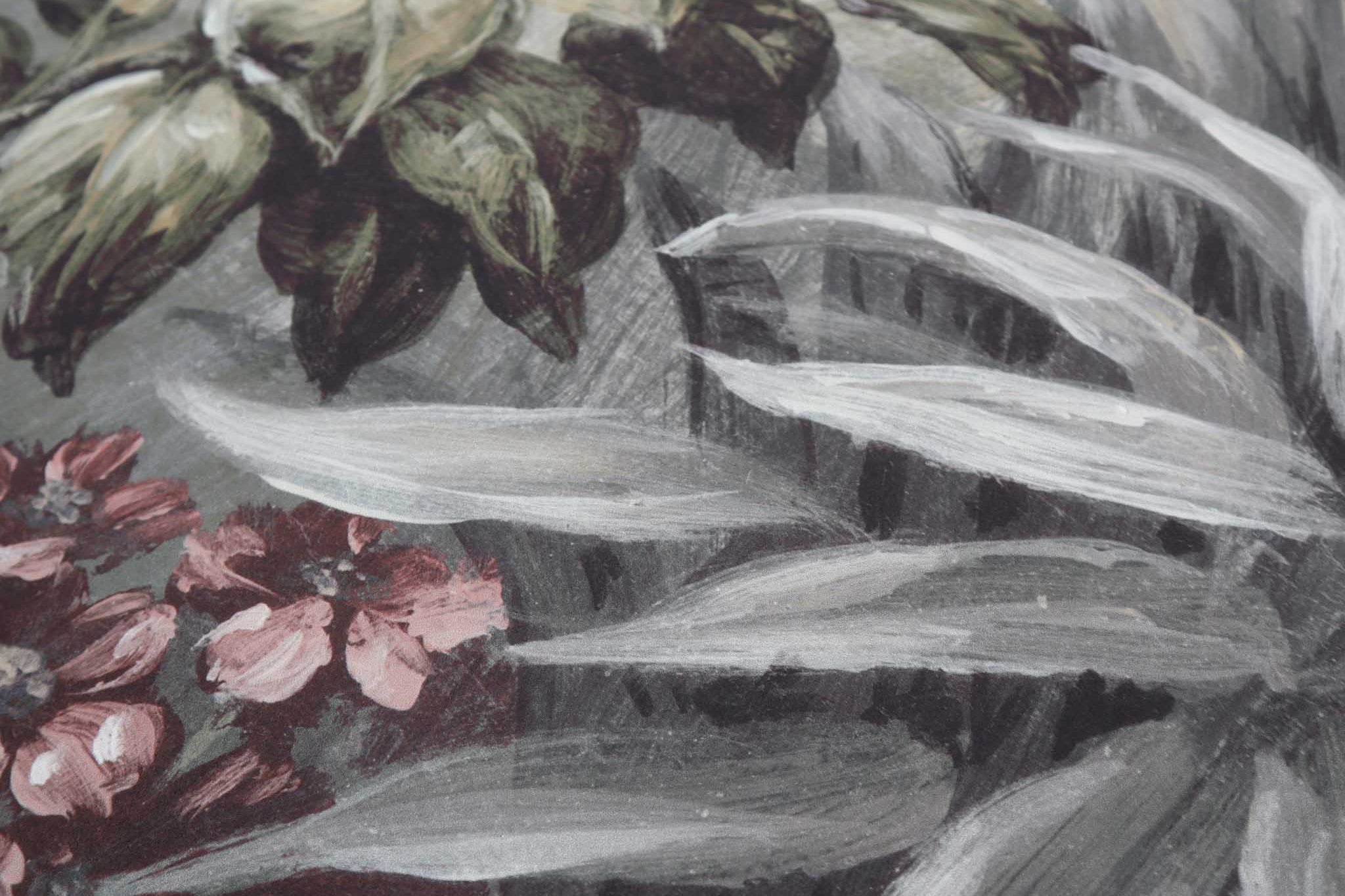 Close-up of a hand-painted mural featuring delicate florals and leaves in muted tones, printed on matte a finish.