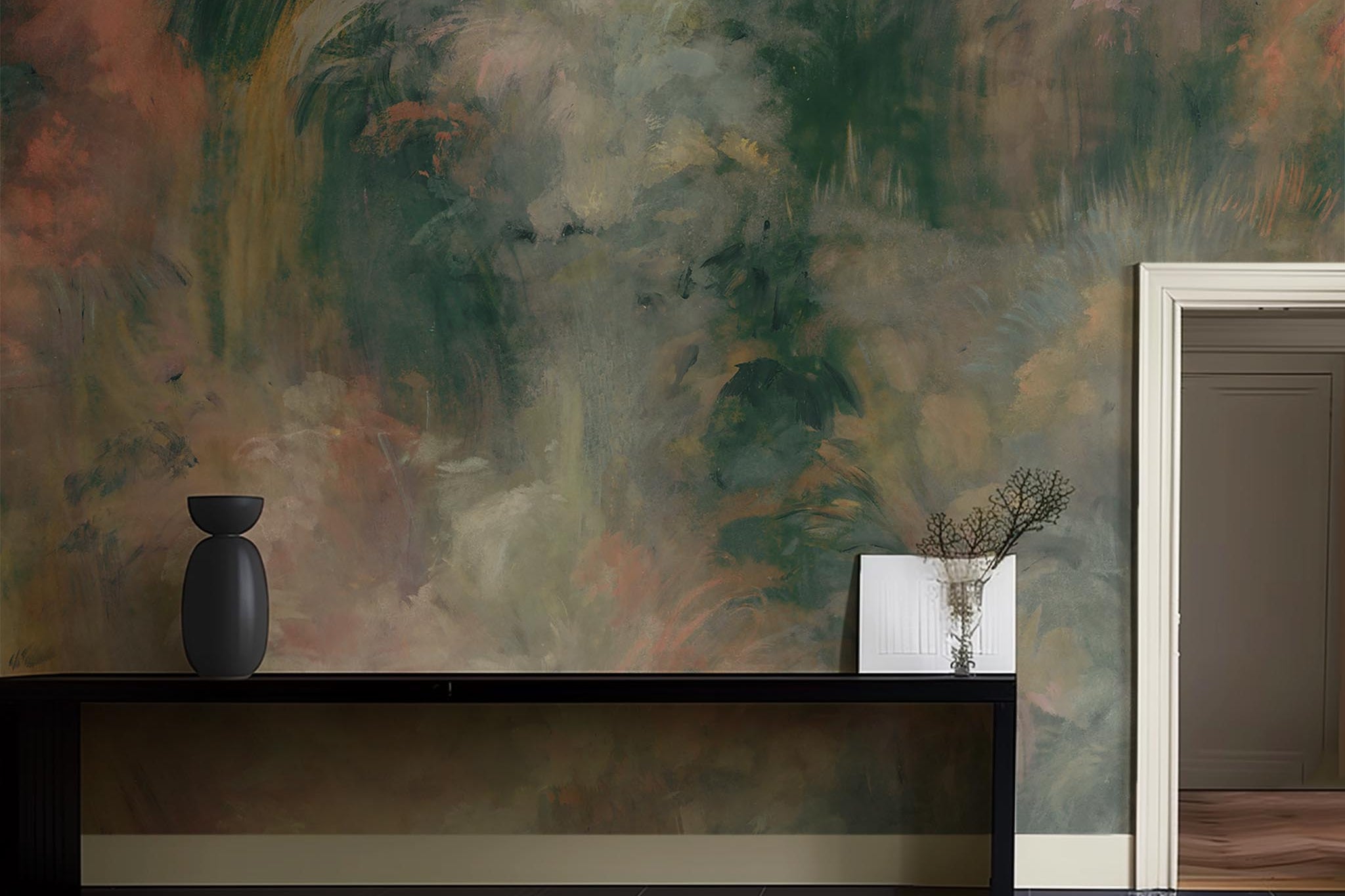 An interior living room featuring a panoramic vinyl wallpaper mural of an abstract haze in green and blush.