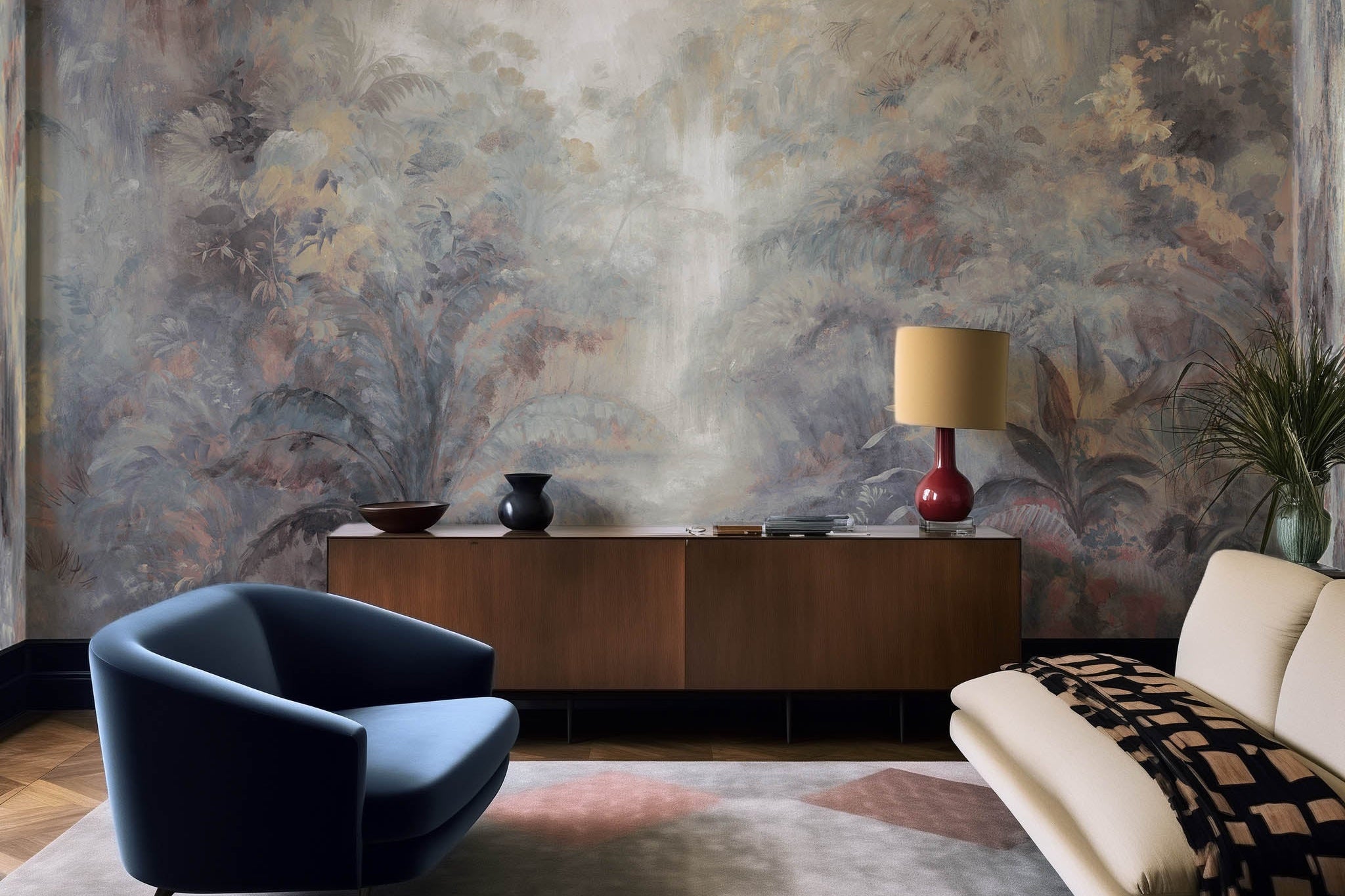 An interior living room featuring a panoramic matte wallpaper mural of a rainforest in lavender and rust.