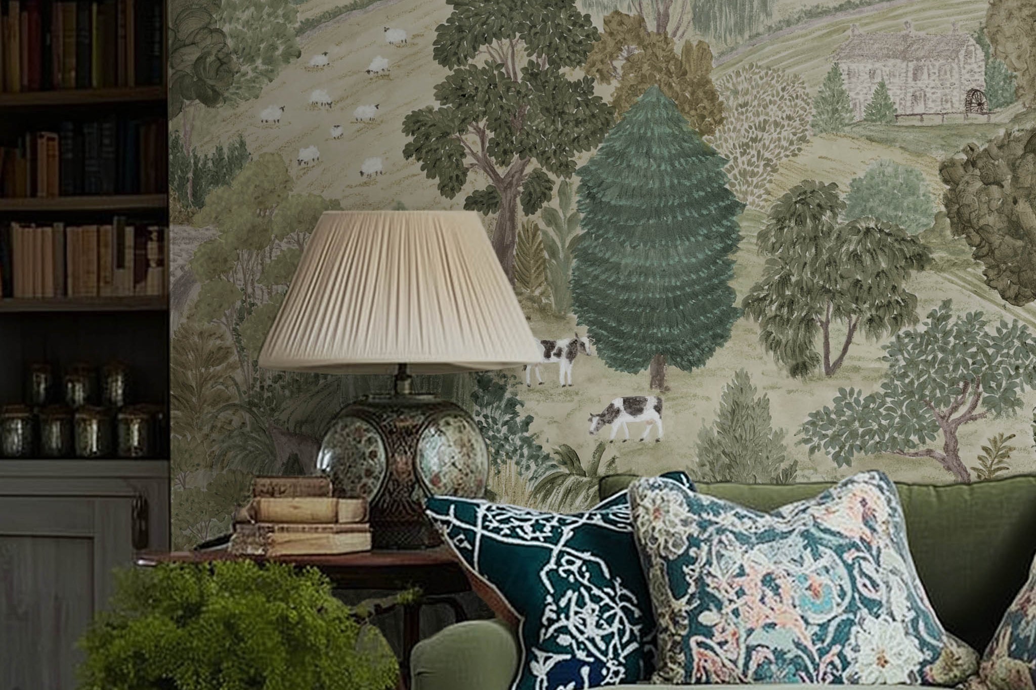 A cropped view of a living room featuring a panoramic matte wallpaper mural of soft green countryside with cattle and boats