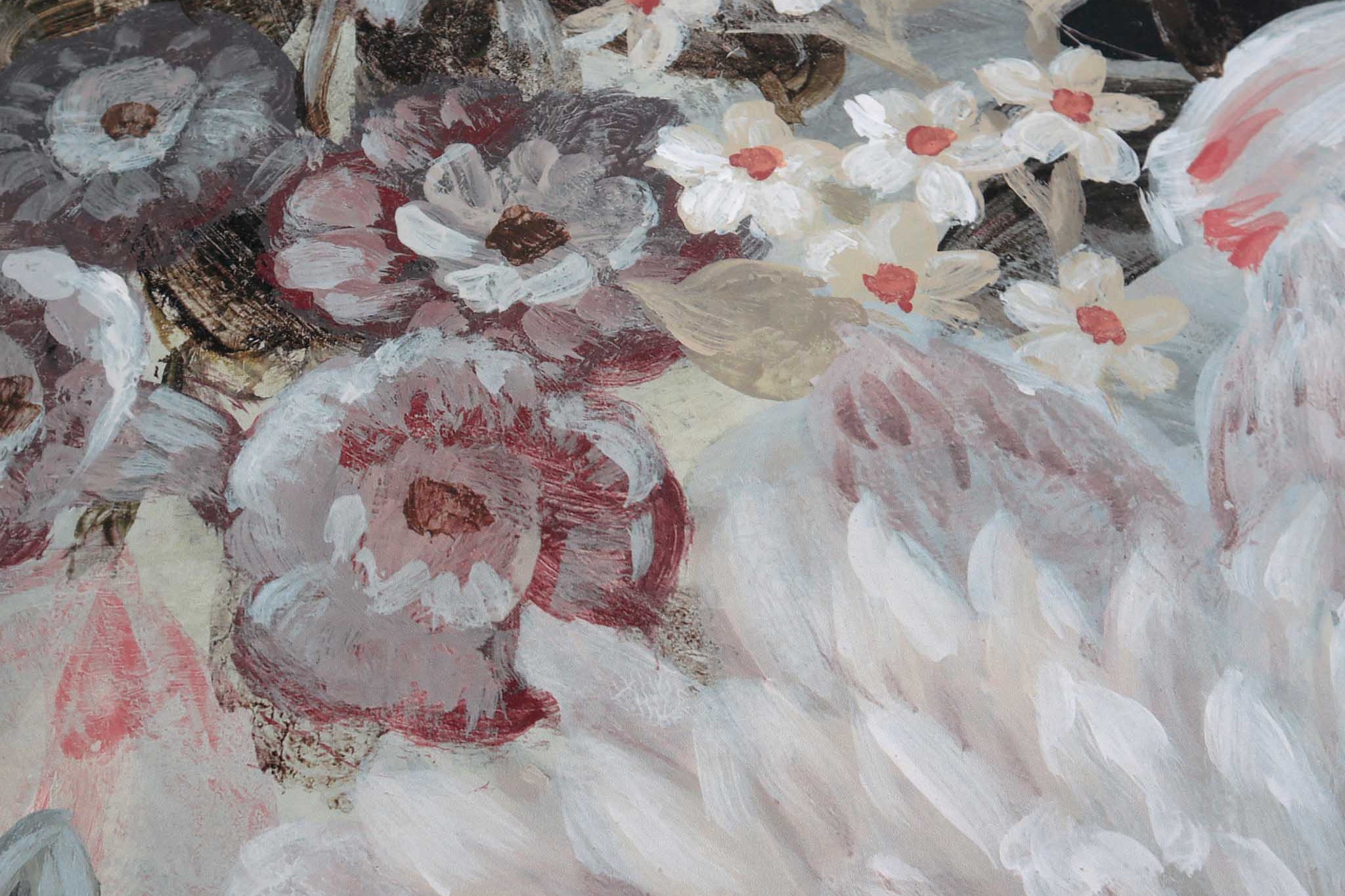 Close-up of a floral mural featuring soft blush pinks, creamy whites, and muted greens on a matte, smooth surface.
