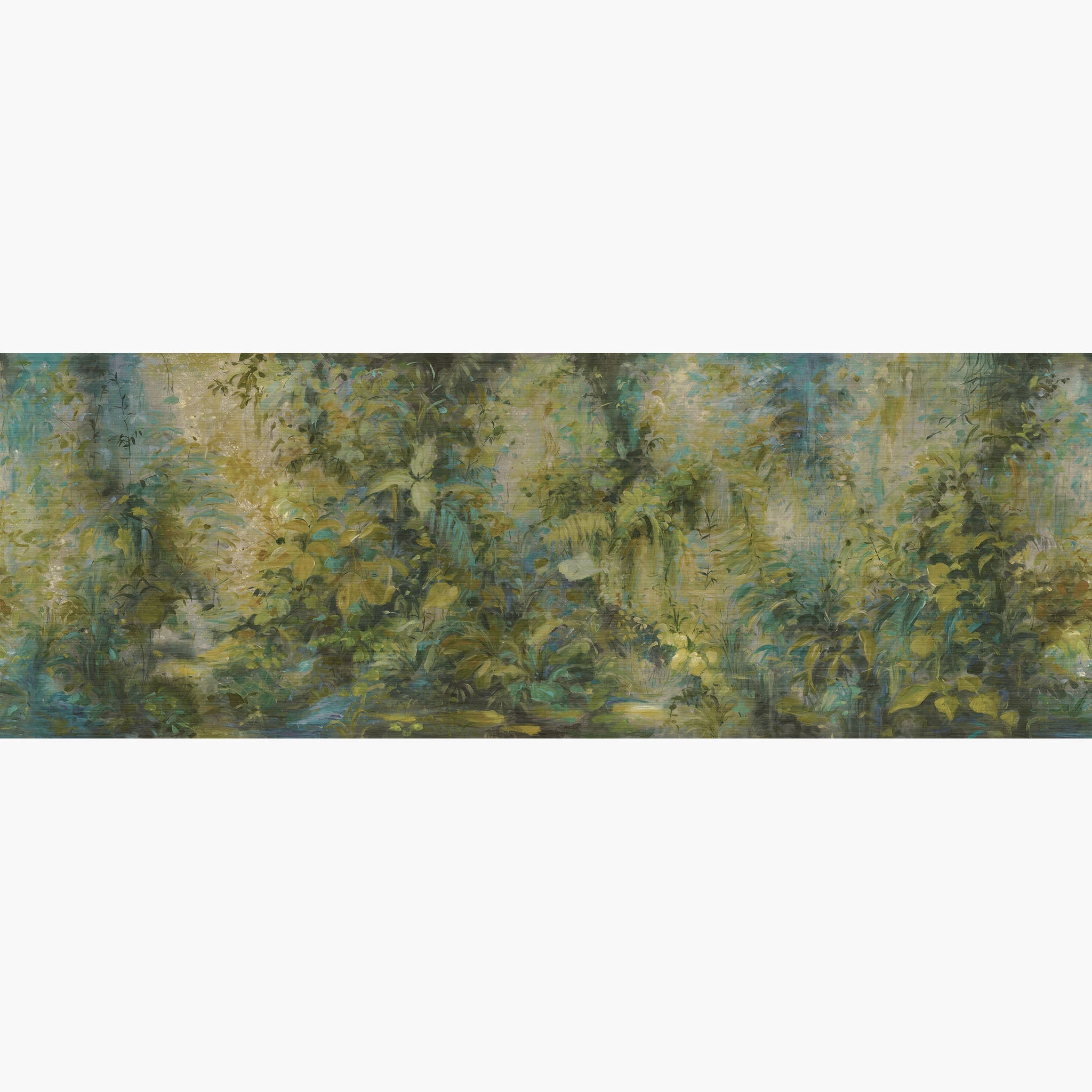 Artwork of a panoramic wallpaper mural featuring an immersive jungle abstraction in deep emerald, teal, and golden ochre