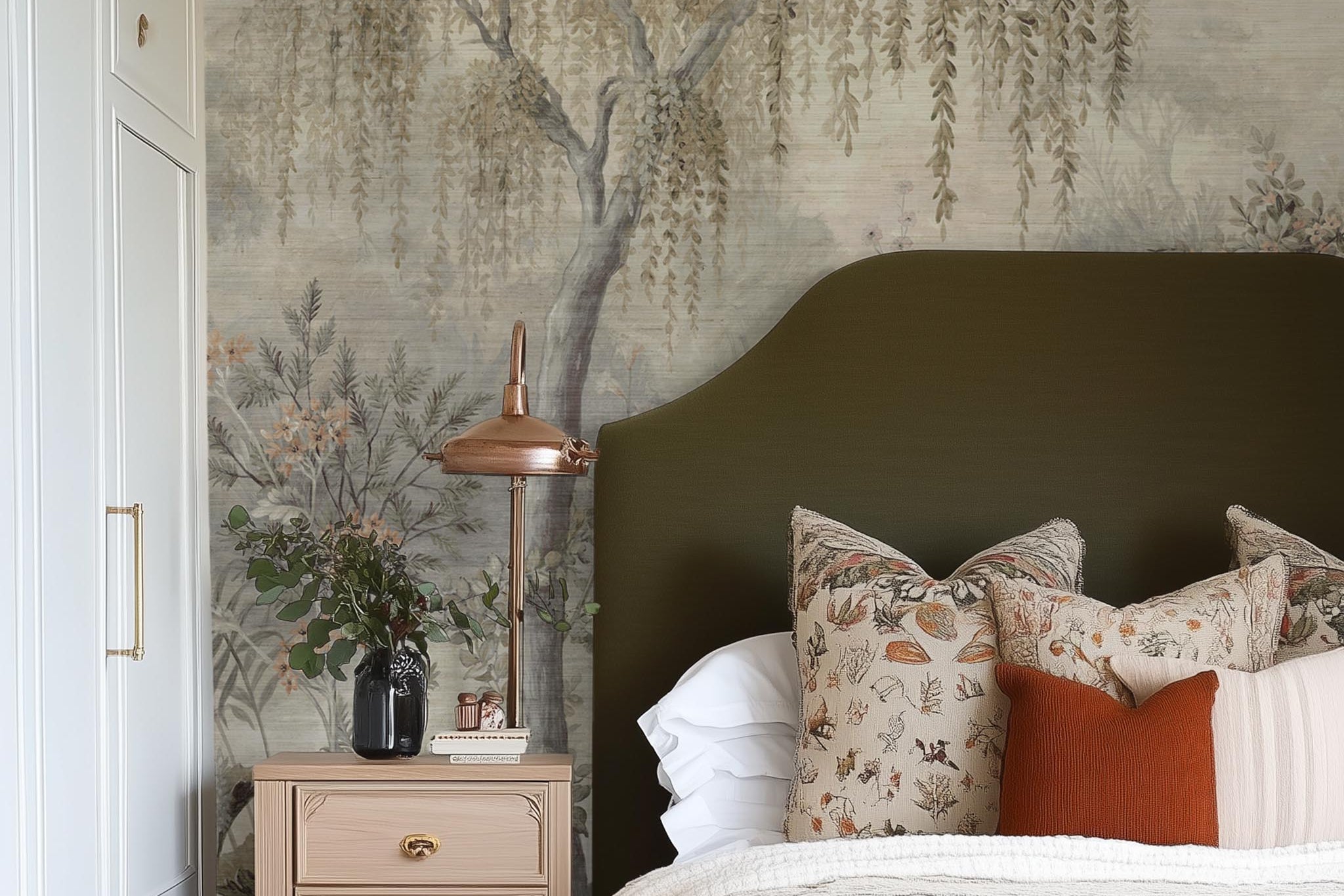 A cropped view of bedroom featuring a panoramic grasscloth wallpaper mural of a lakeside scene in grey and peach.