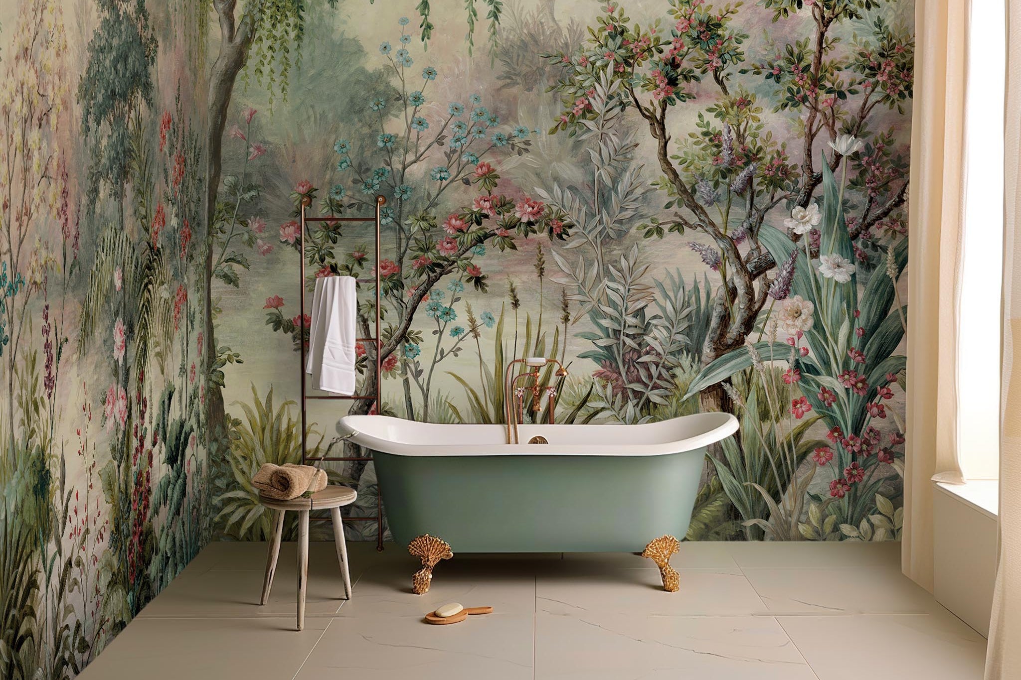 An interior bathroom featuring a panoramic vinyl wallpaper mural of a lakeside garden scene in mint and pink.