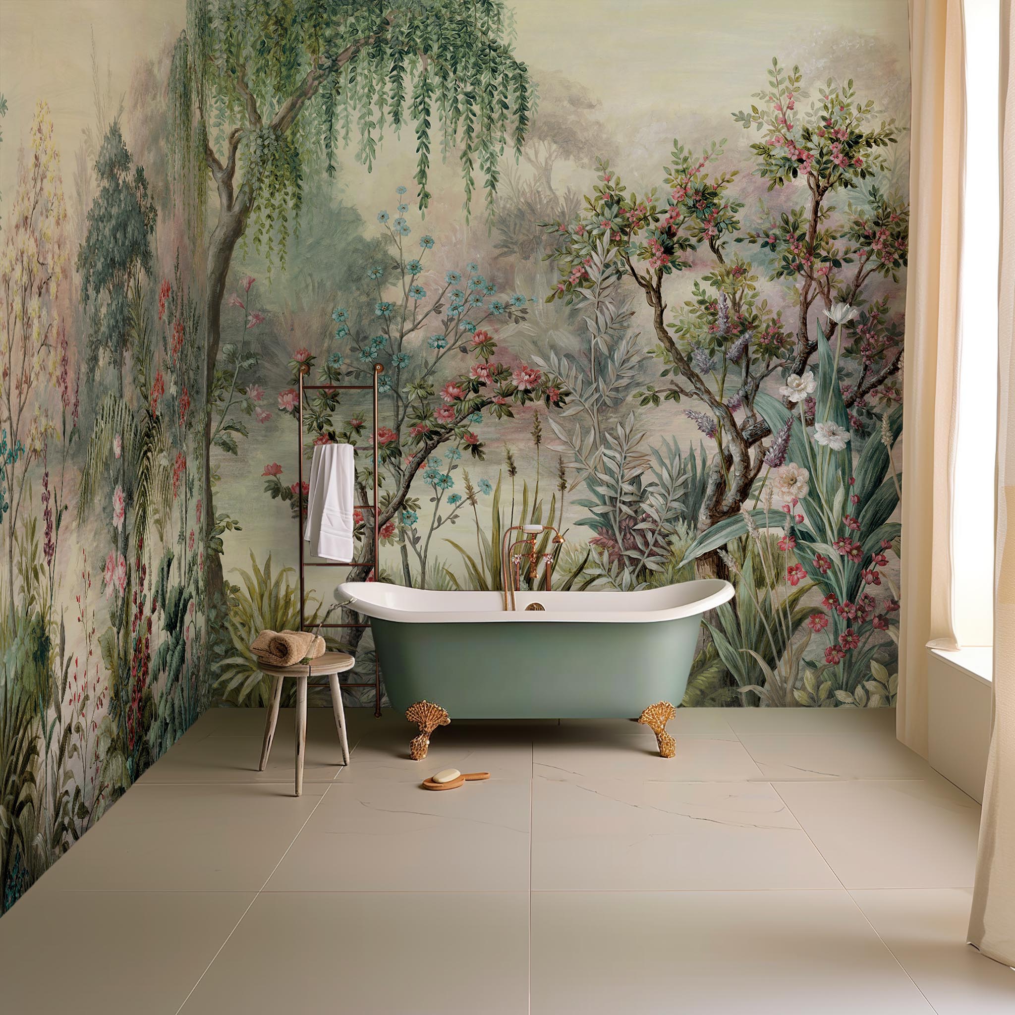 An interior bathroom featuring a panoramic vinyl wallpaper mural of a lakeside garden scene in mint and pink.