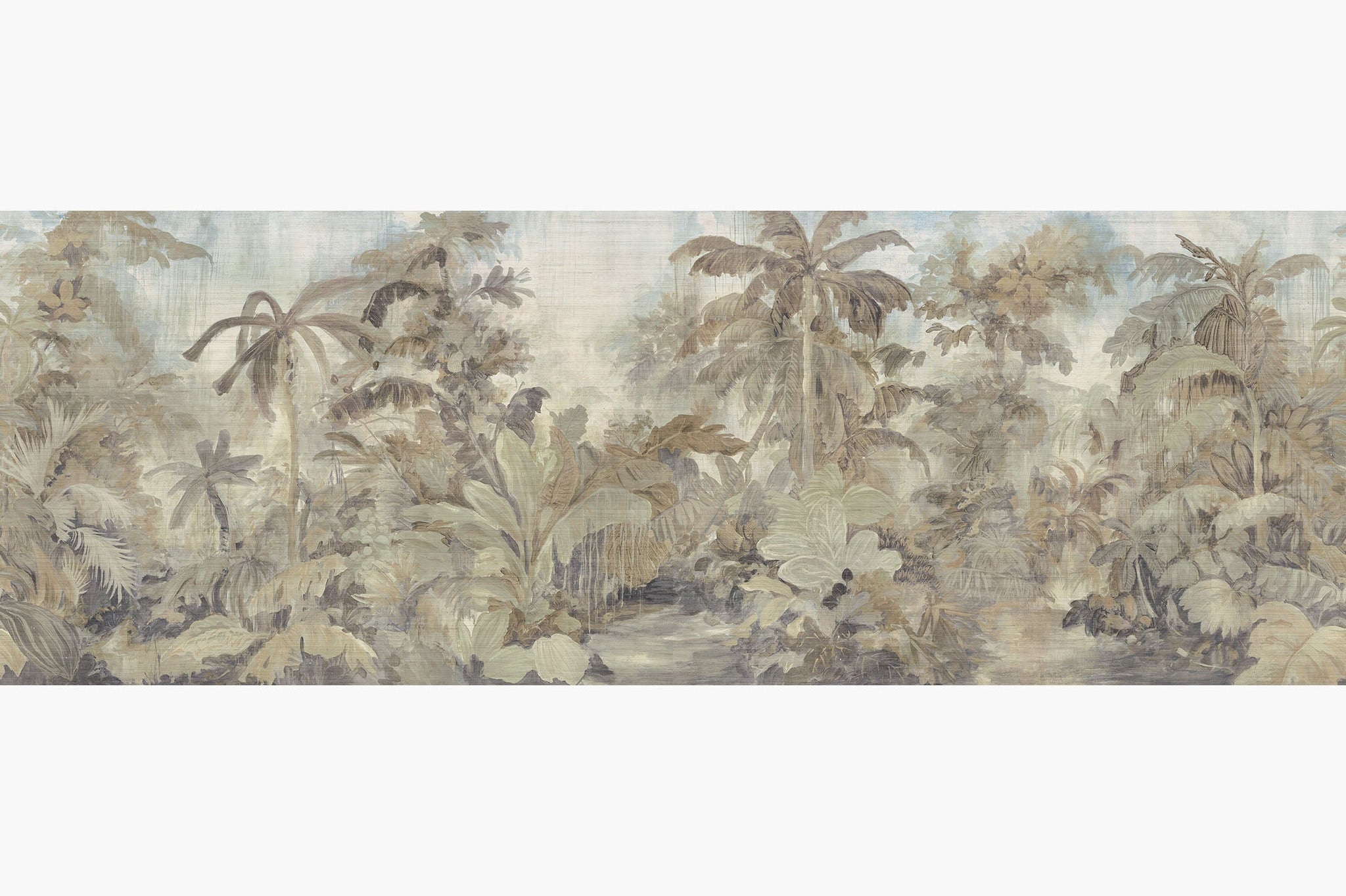 Artwork of a panoramic wallpaper mural featuring an ethereal jungle scene in soft sepia, stone, and misty blue.