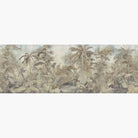 Artwork of a panoramic wallpaper mural featuring an ethereal jungle scene in soft sepia, stone, and misty blue.