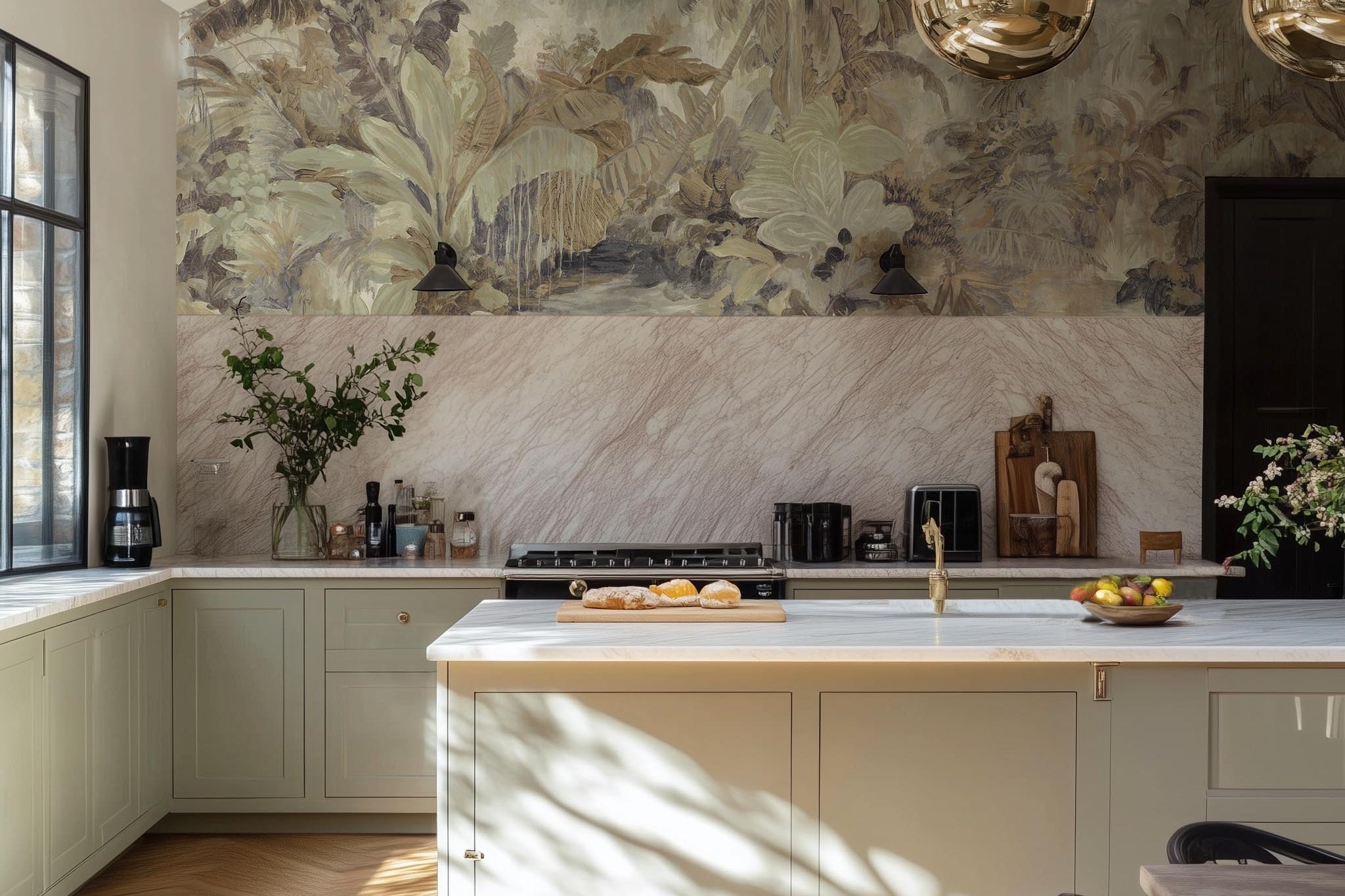 A cropped view of kitchen featuring a panoramic vinyl wallpaper mural of a jungle scene in sepia and blue.