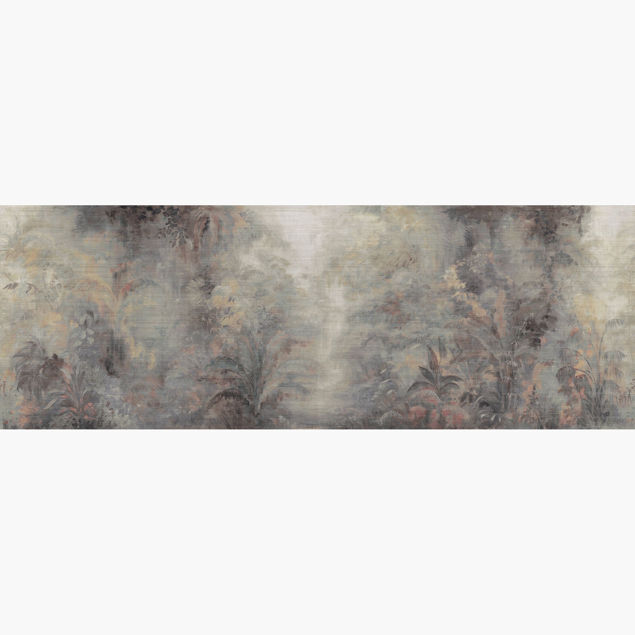 Artwork of a panoramic wallpaper mural featuring a dreamlike rainforest with soft lavender, rust, and smoky neutrals.