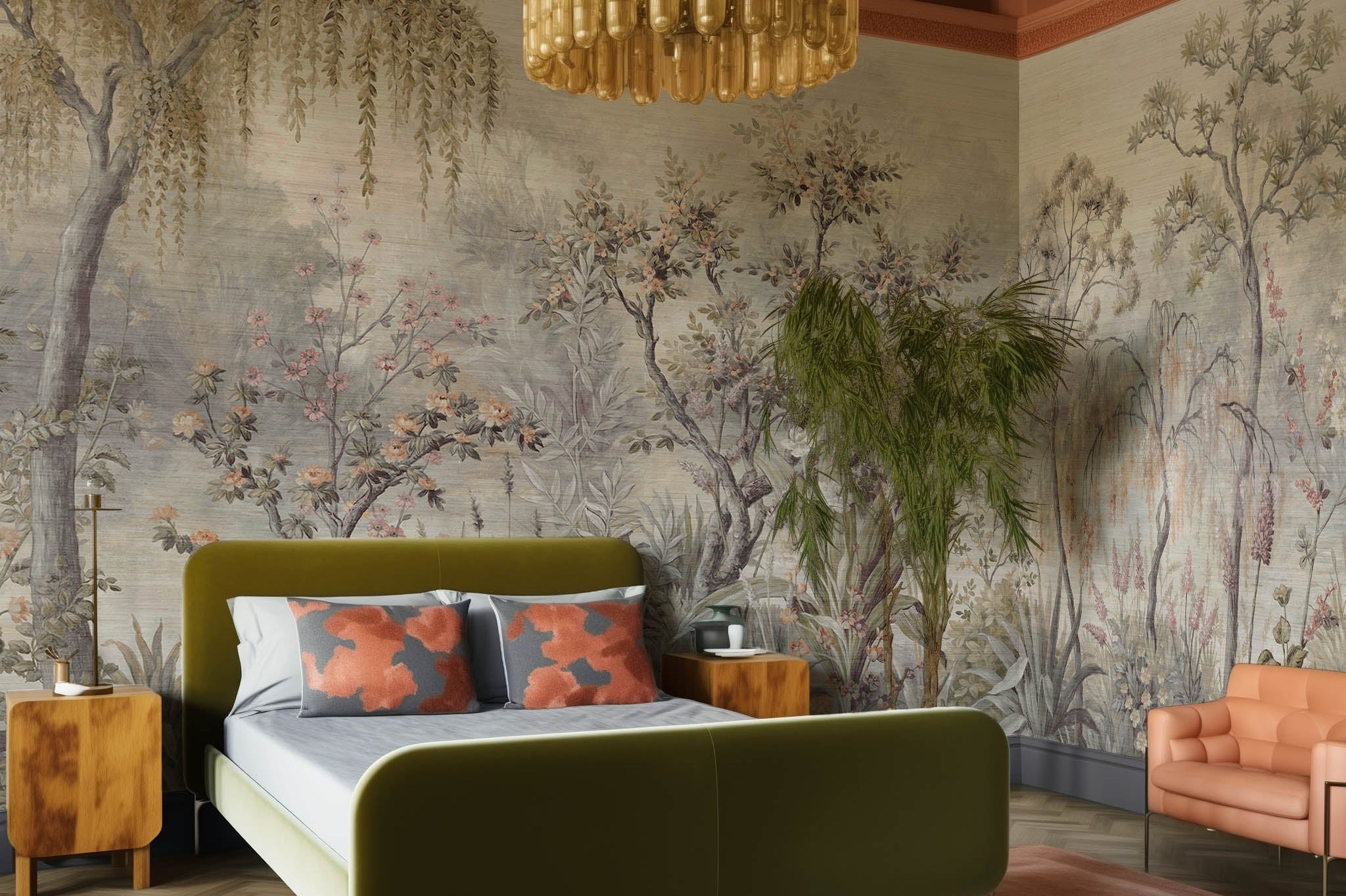 An interior bedroom featuring a panoramic grasscloth wallpaper mural of a lakeside scene in grey and peach.