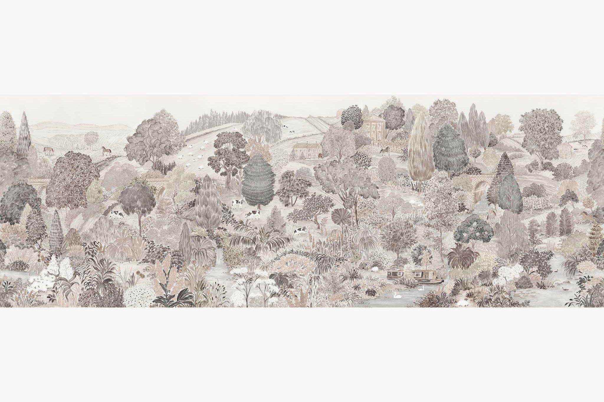 Artwork of a panoramic wallpaper mural featuring a gentle countryside landscape in almond, dusty rose, and mist