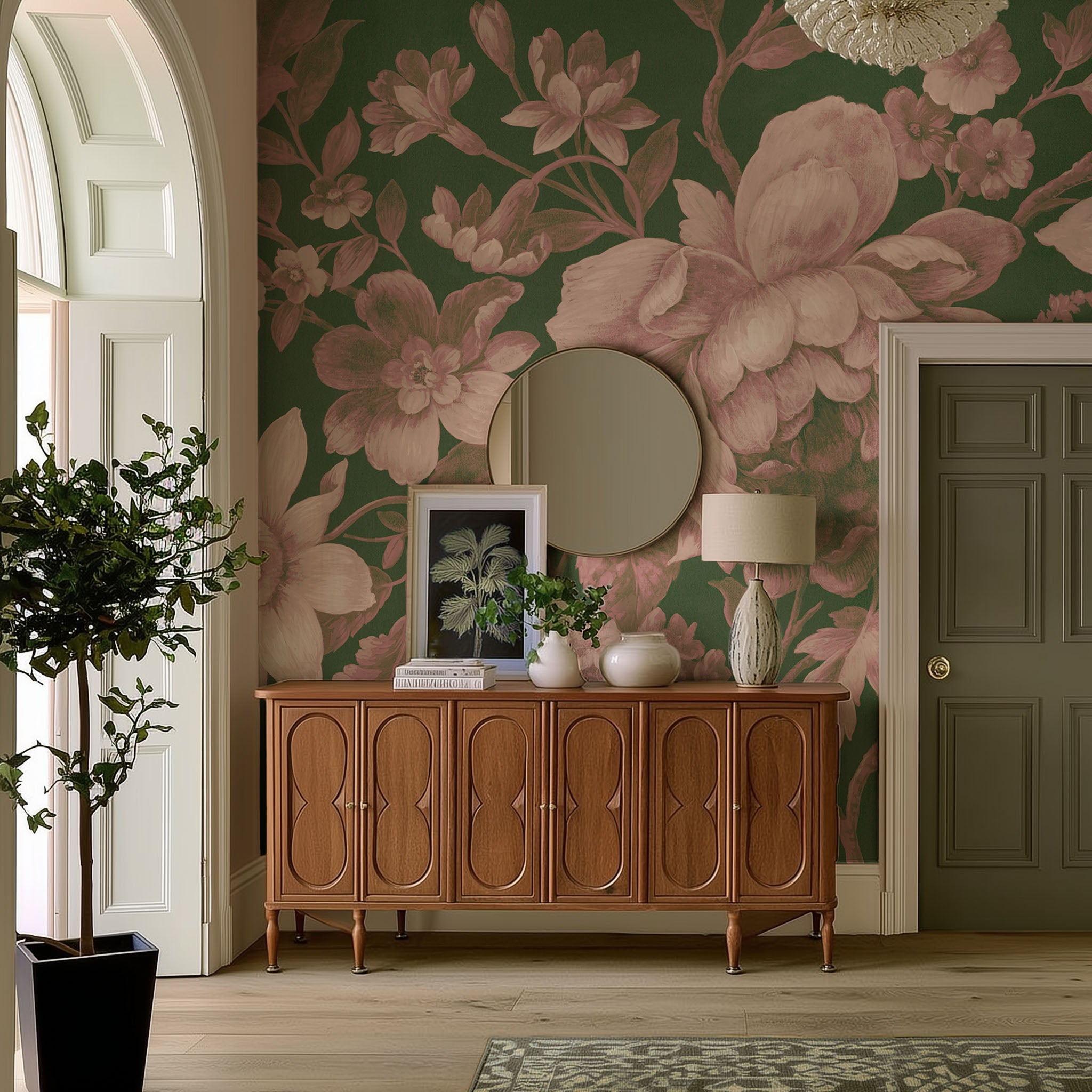An interiorhallway featuring a panoramic matte wallpaper mural of rosy florals on lush green