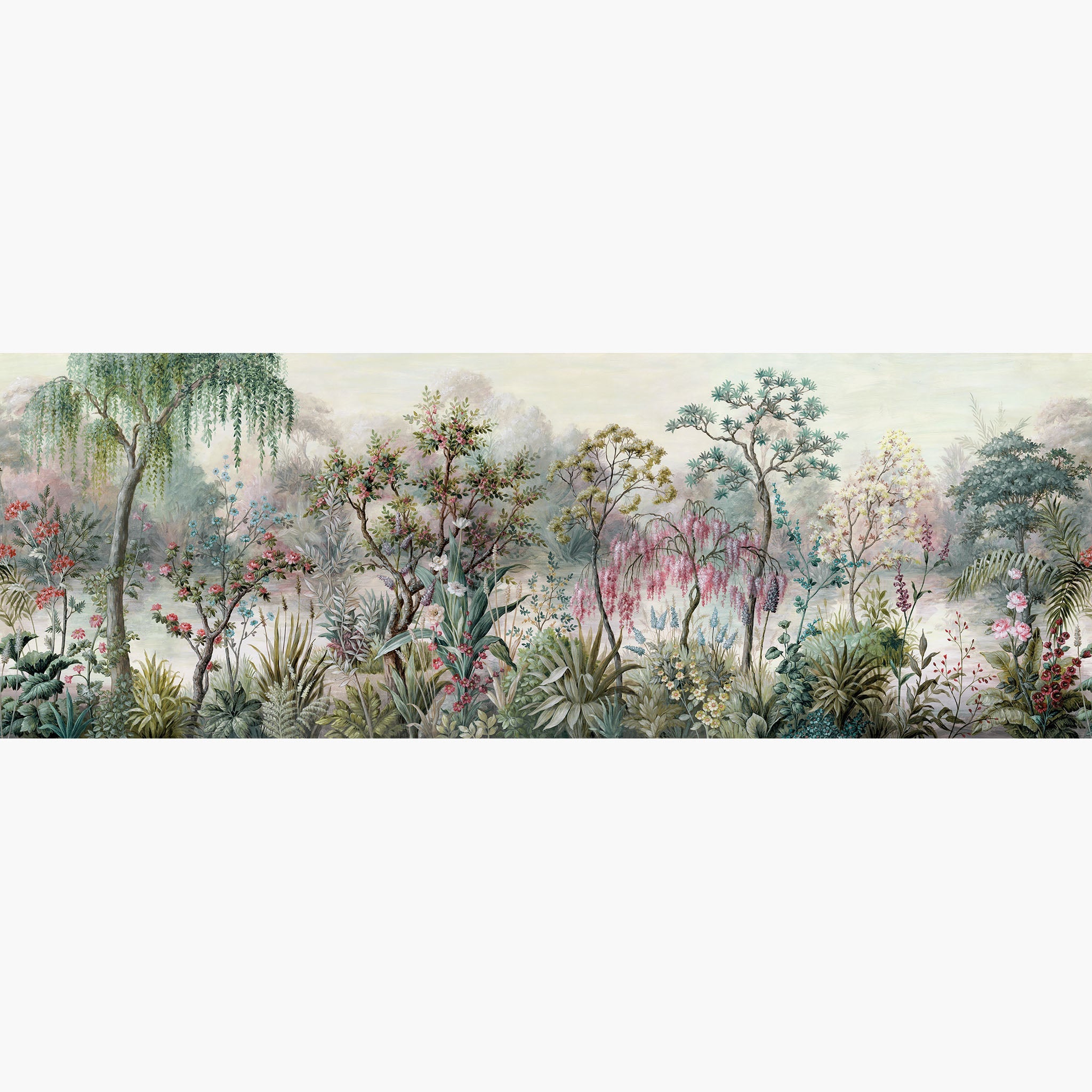 Artwork of a panoramic wallpaper mural featuring a fresh garden landscape in soft mint, blush pink, and spring green.