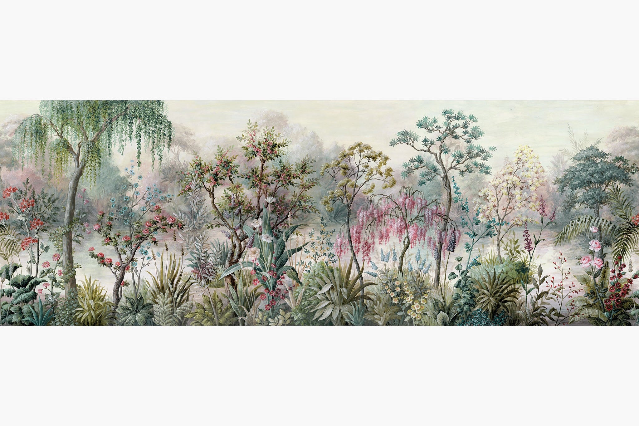 Artwork of a panoramic wallpaper mural featuring a fresh garden landscape in soft mint, blush pink, and spring green.