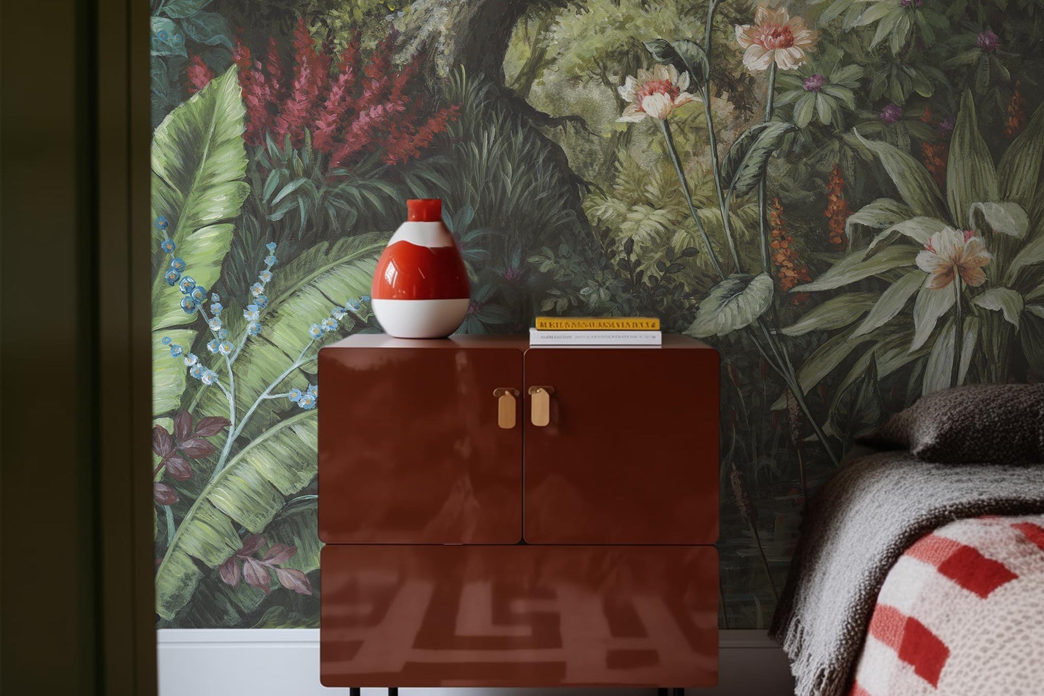 A cropped view of bedroom featuring a panoramic matte wallpaper mural of a tropical scene in green and pink.
