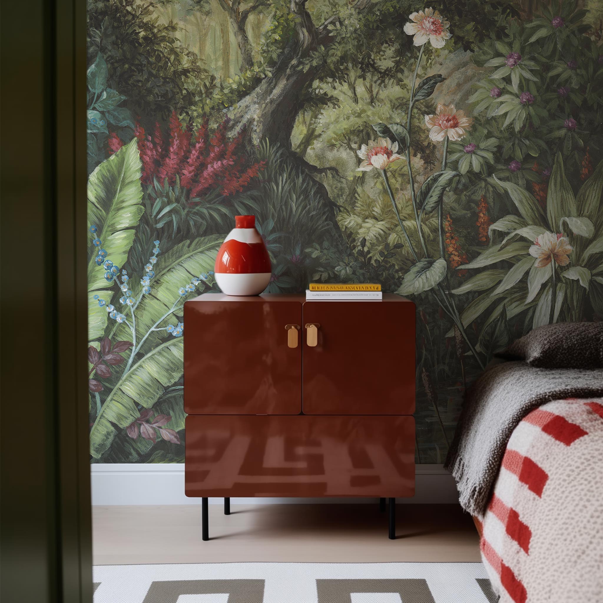 A cropped view of bedroom featuring a panoramic matte wallpaper mural of a tropical scene in green and pink.