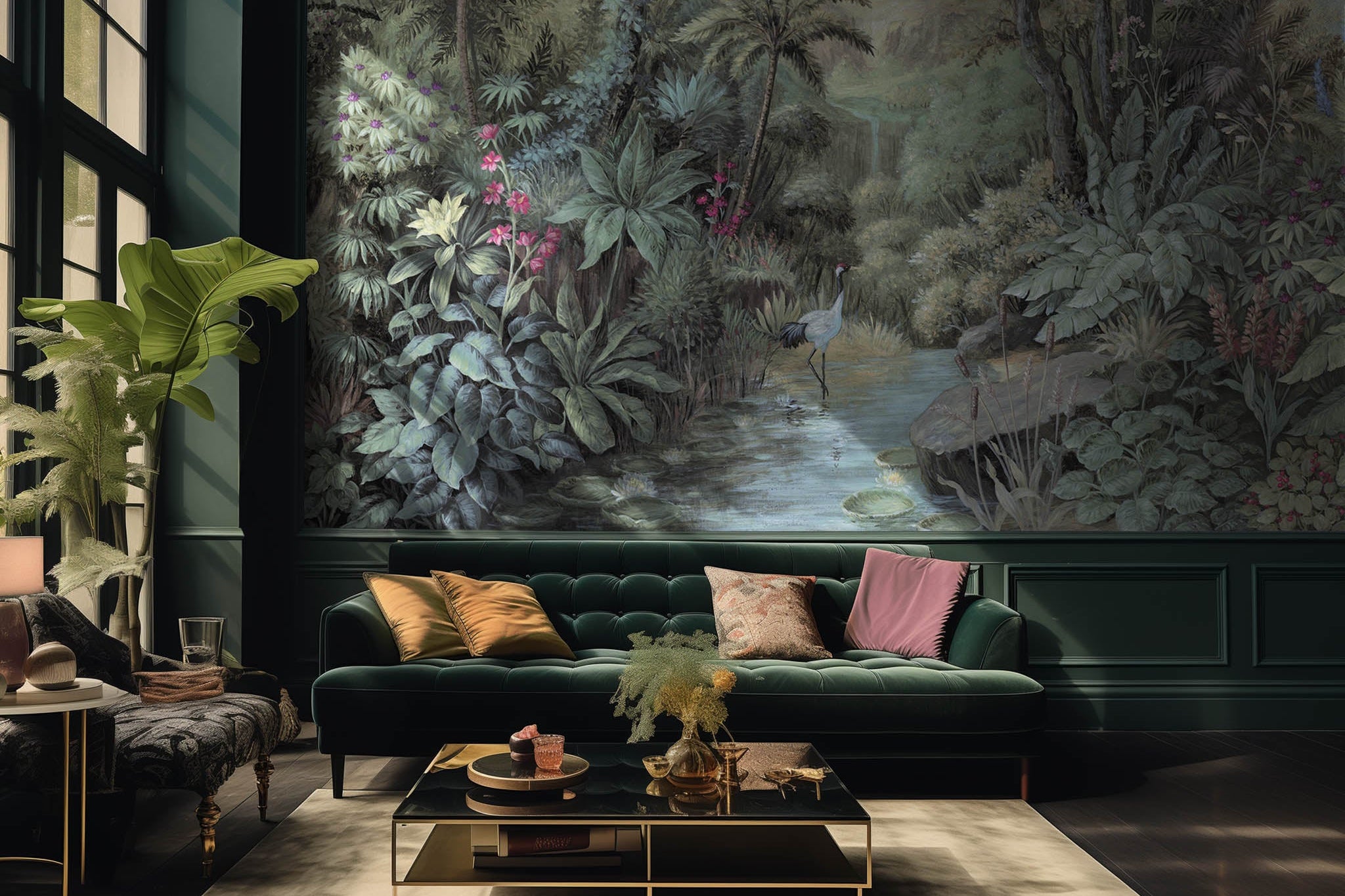 An interior living room featuring a panoramic matte wallpaper mural of a tropical paradise in cool greens and blushes.