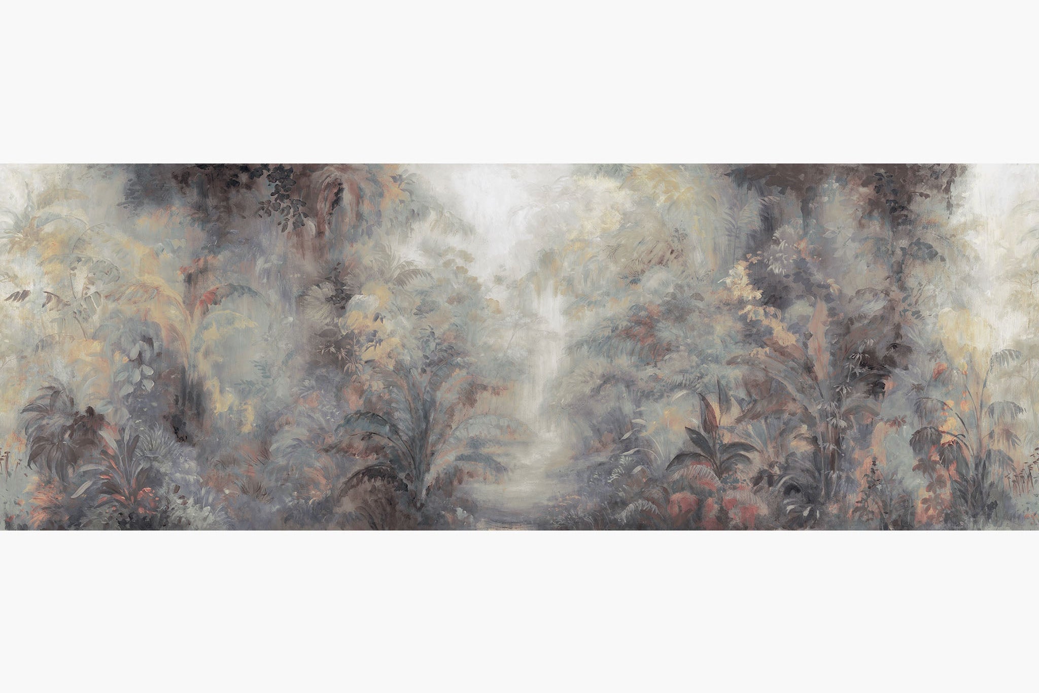 Artwork of a panoramic wallpaper mural featuring a dreamlike rainforest with soft lavender, rust, and smoky neutrals.