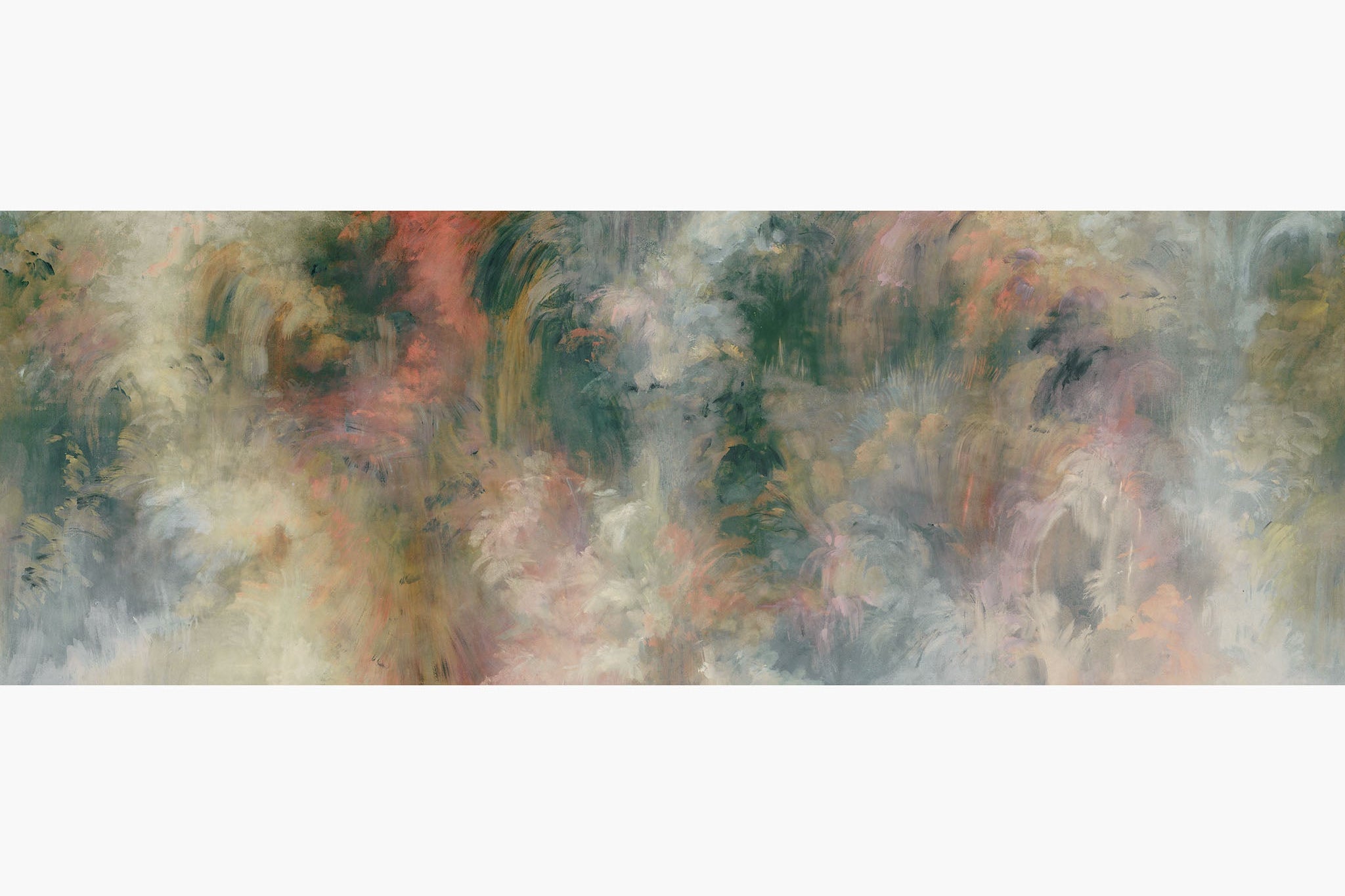 Artwork of a panoramic wallpaper mural featuring a painterly forest haze in moss green, coral blush, and soft ivory.
