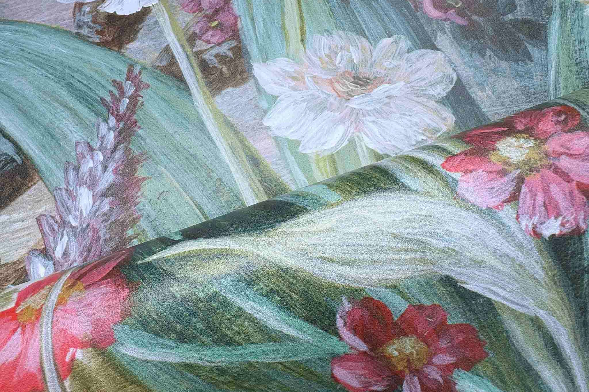 Close-up of a bespoke floral wallpaper mural featuring rich greens, bright pinks, and soft blues on durable vinyl.