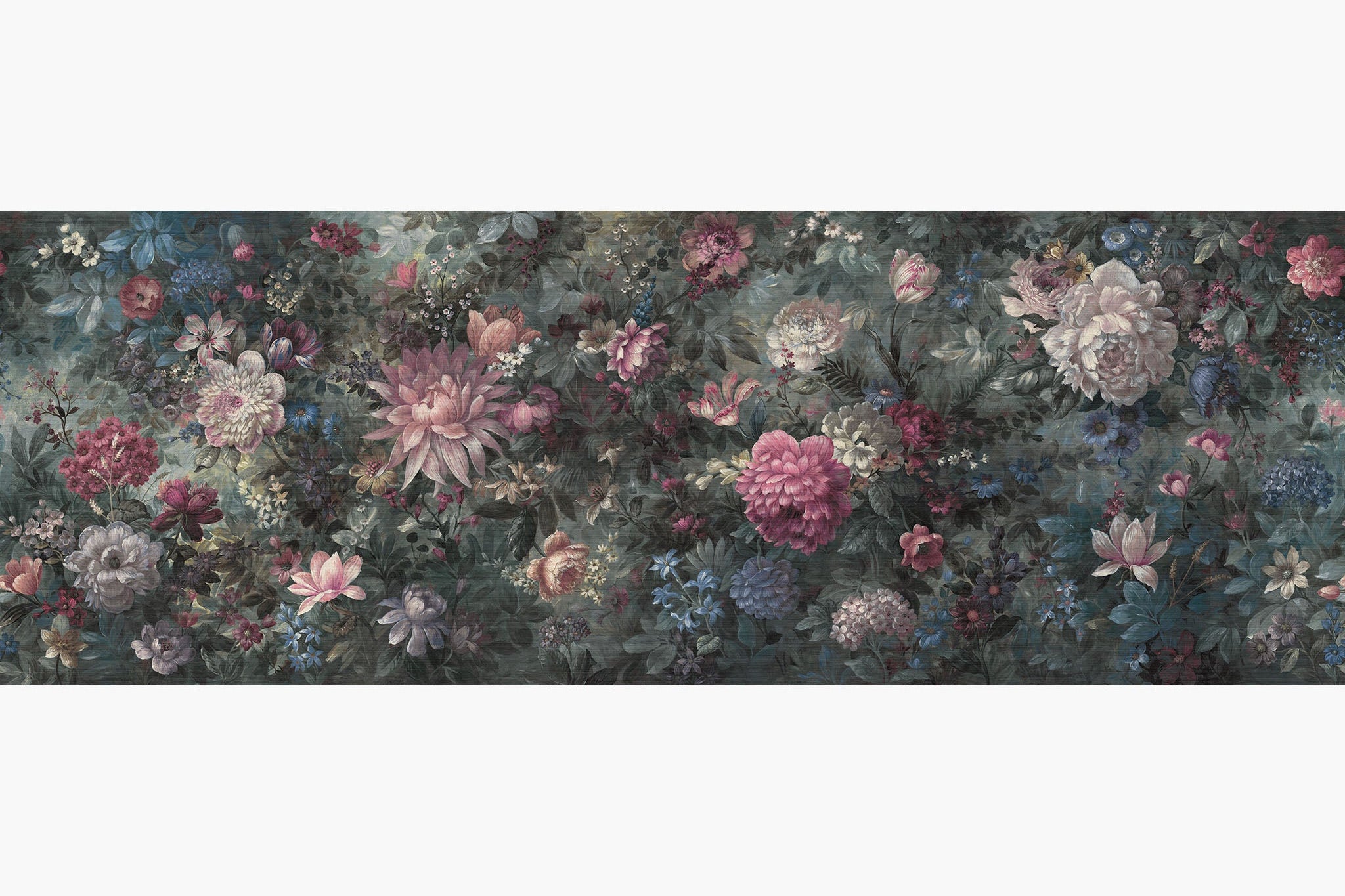 Artwork of a panoramic wallpaper mural featuring a dramatic floral bloom with rich crimson, blush, and deep blue tones.