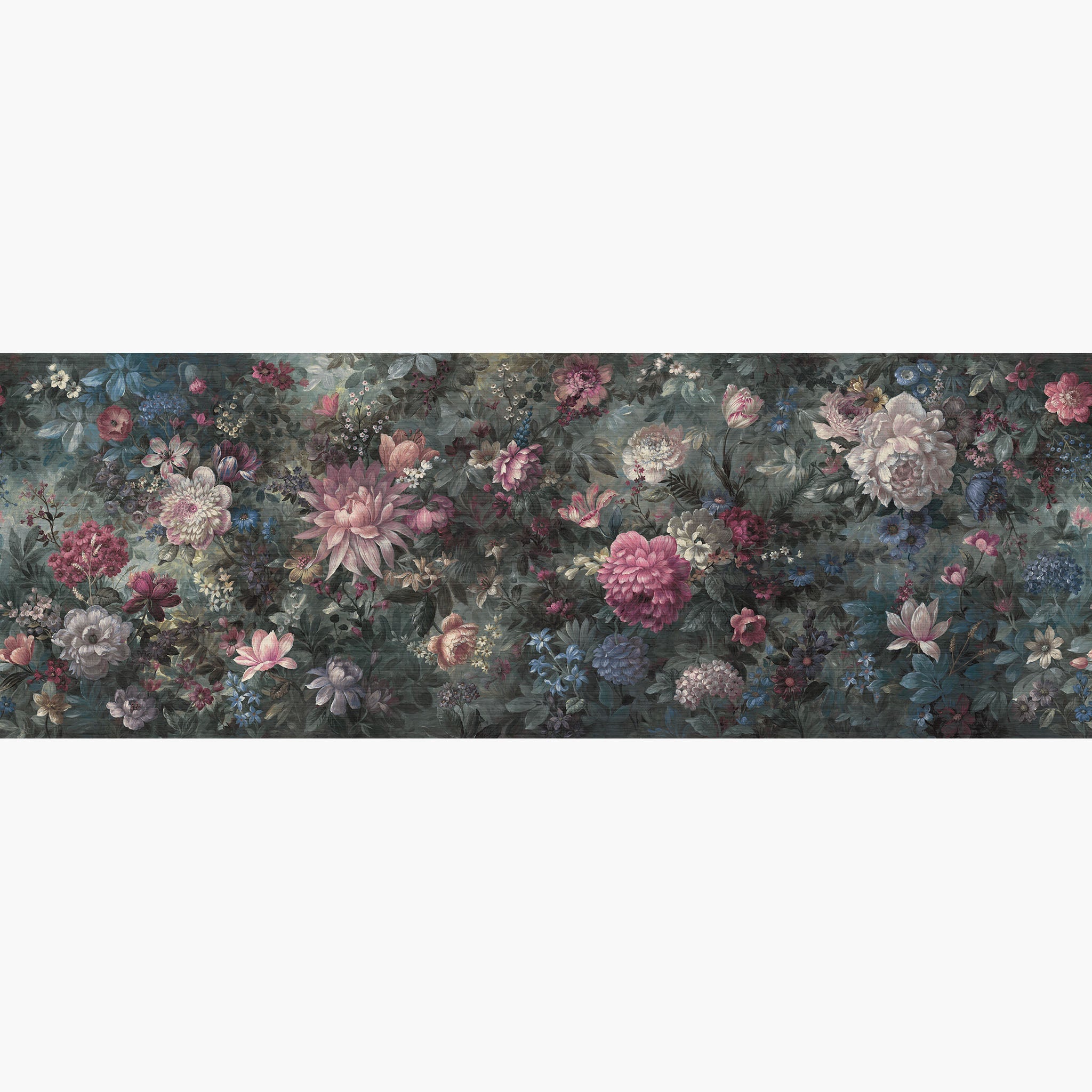 Artwork of a panoramic wallpaper mural featuring a dramatic floral bloom with rich crimson, blush, and deep blue tones.