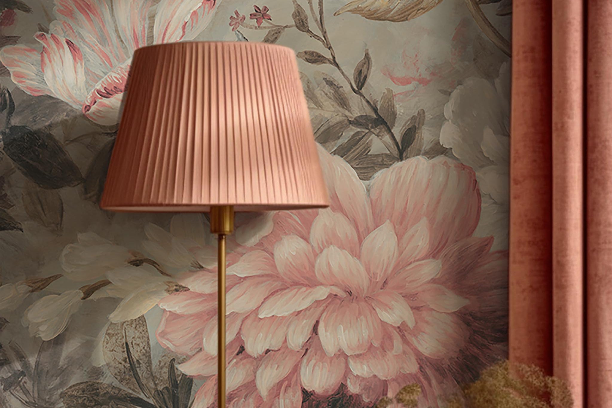 A cropped view of living room featuring a panoramic matte wallpaper mural of a floral composition in soft neutrals.