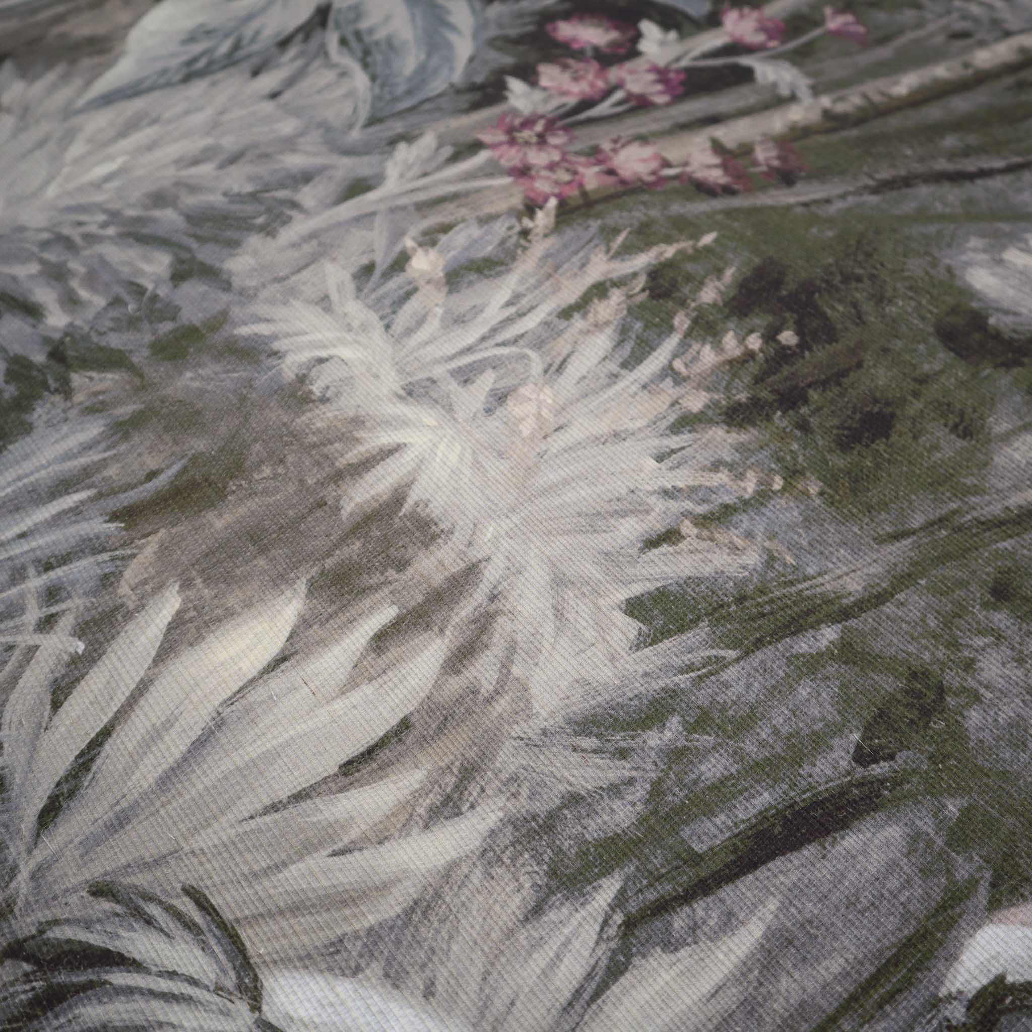 Close-up of a hand-painted floral panoramic wallpaper mural on textured grasscloth, featuring soft ecru and grey tones.